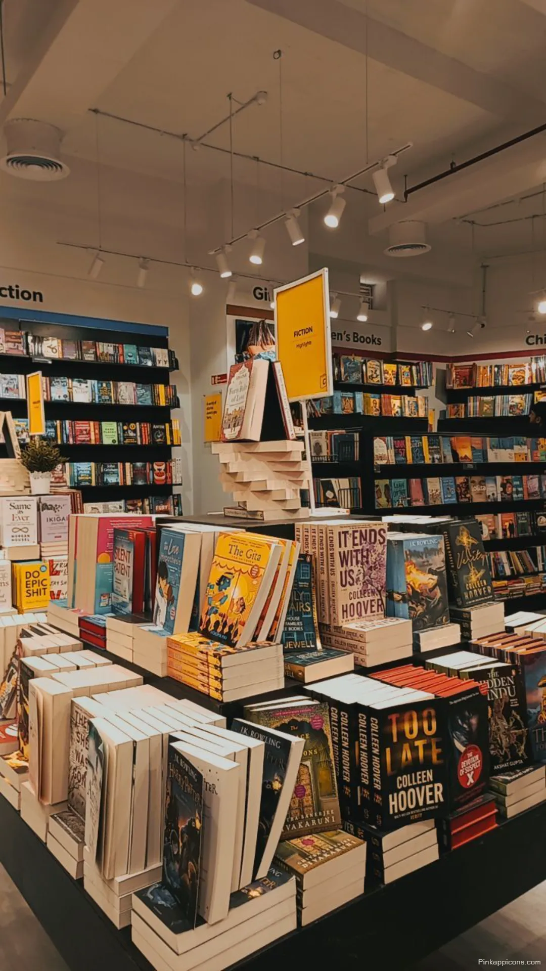 Modern bookstore book wallpaper with creative displays of bestsellers a perfect phone wallpaper Modern bookstore book wallpaper with creative displays of bestsellers, a perfect phone wallpaper.