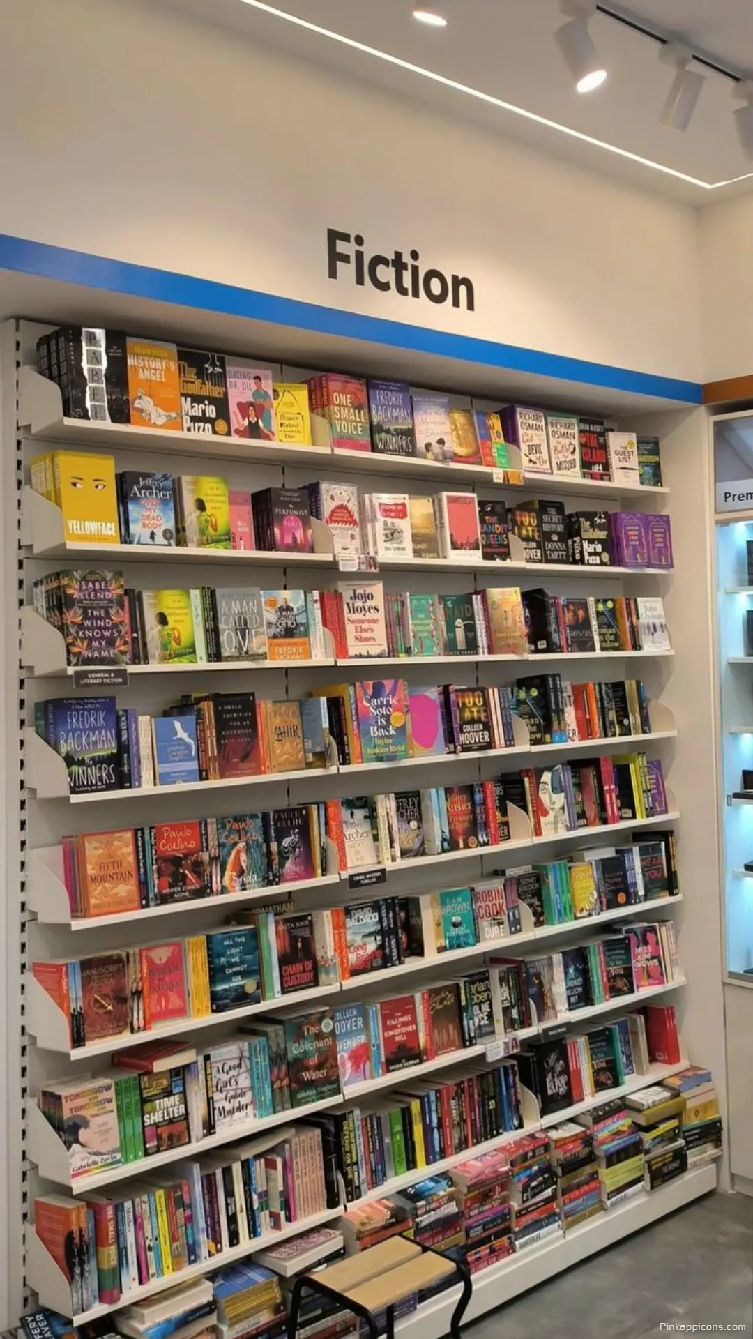 Modern bookstore fiction section book wallpaper a readers dream for your phones screen Modern bookstore fiction section book wallpaper, a reader’s dream for your phone’s screen.