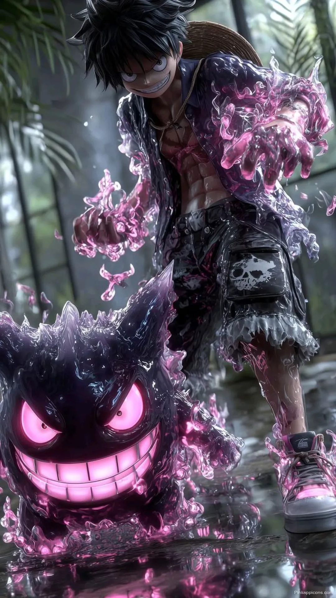 Monkey D. Luffy teams up with Gengar in an epic glowing dark anime wallpaper 4K for your phone Monkey D. Luffy teams up with Gengar in an epic glowing dark anime wallpaper 4K for your phone.