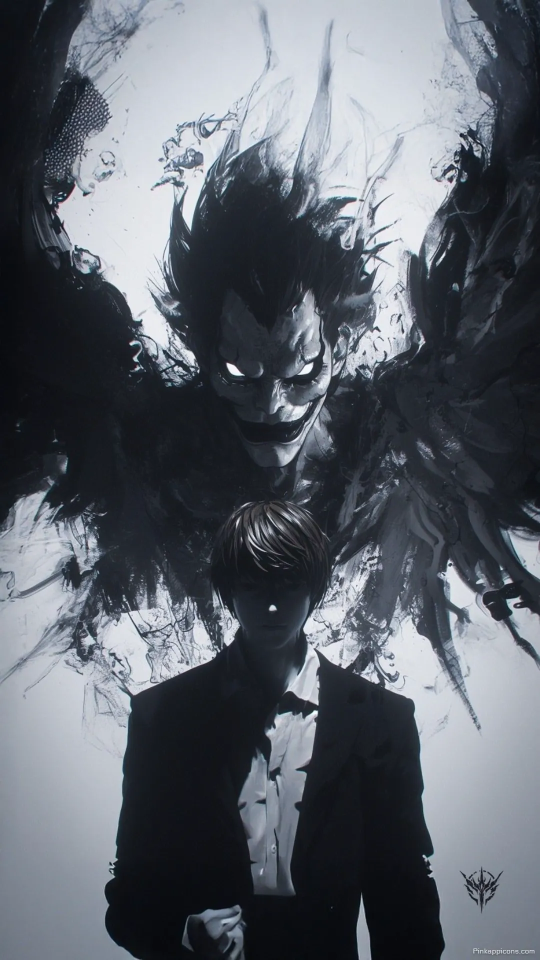 Monochrome power Light Yagami and Ryuk in a striking dark anime wallpaper 4K for your phone Monochrome power Light Yagami and Ryuk in a striking dark anime wallpaper 4K for your phone.