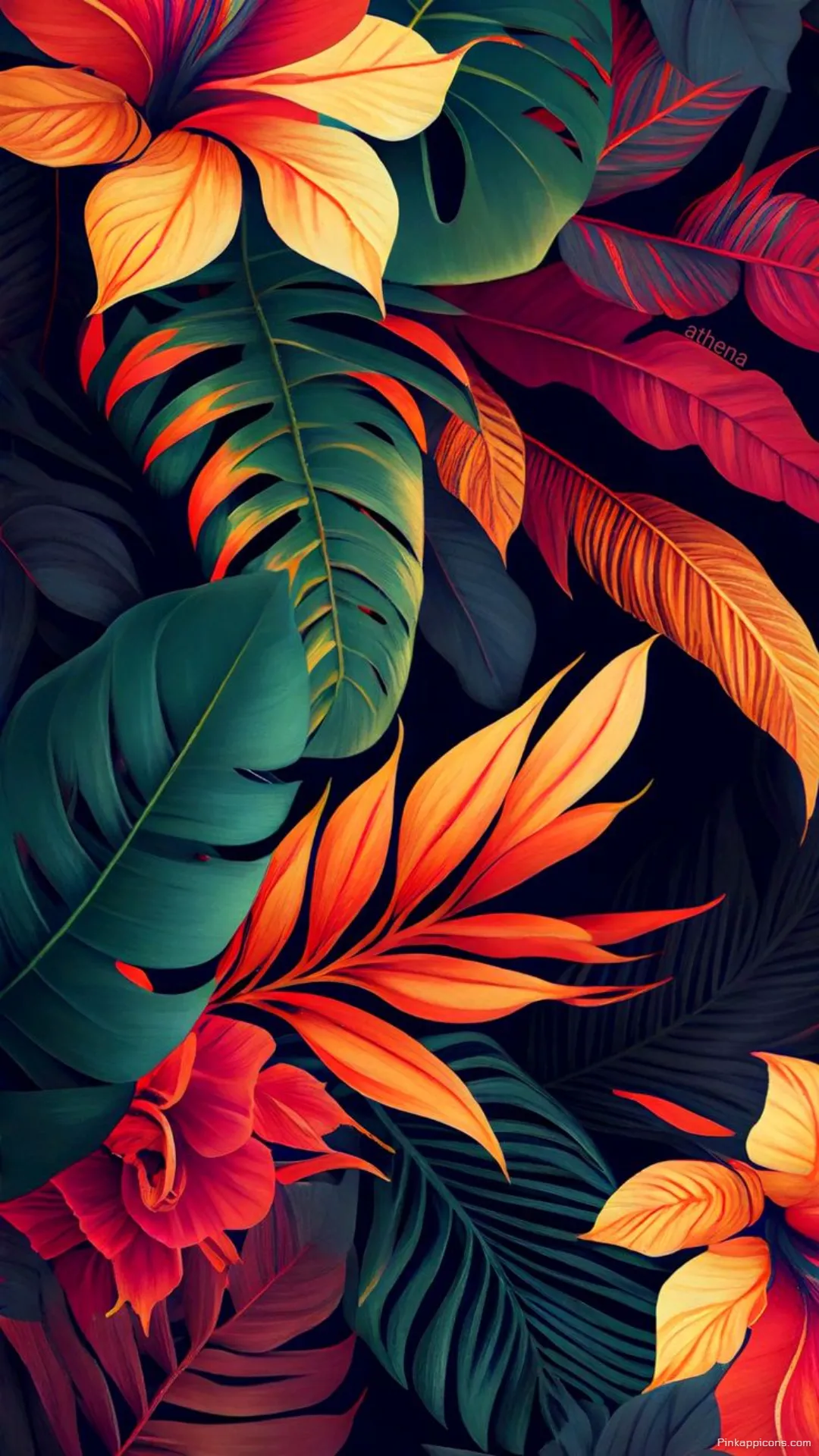 Moody Dark Jungle with Fiery Orange Red Leaves Tropical Wallpaper for Your Phone Moody Dark Jungle with Fiery Orange & Red Leaves Tropical Wallpaper for Your Phone