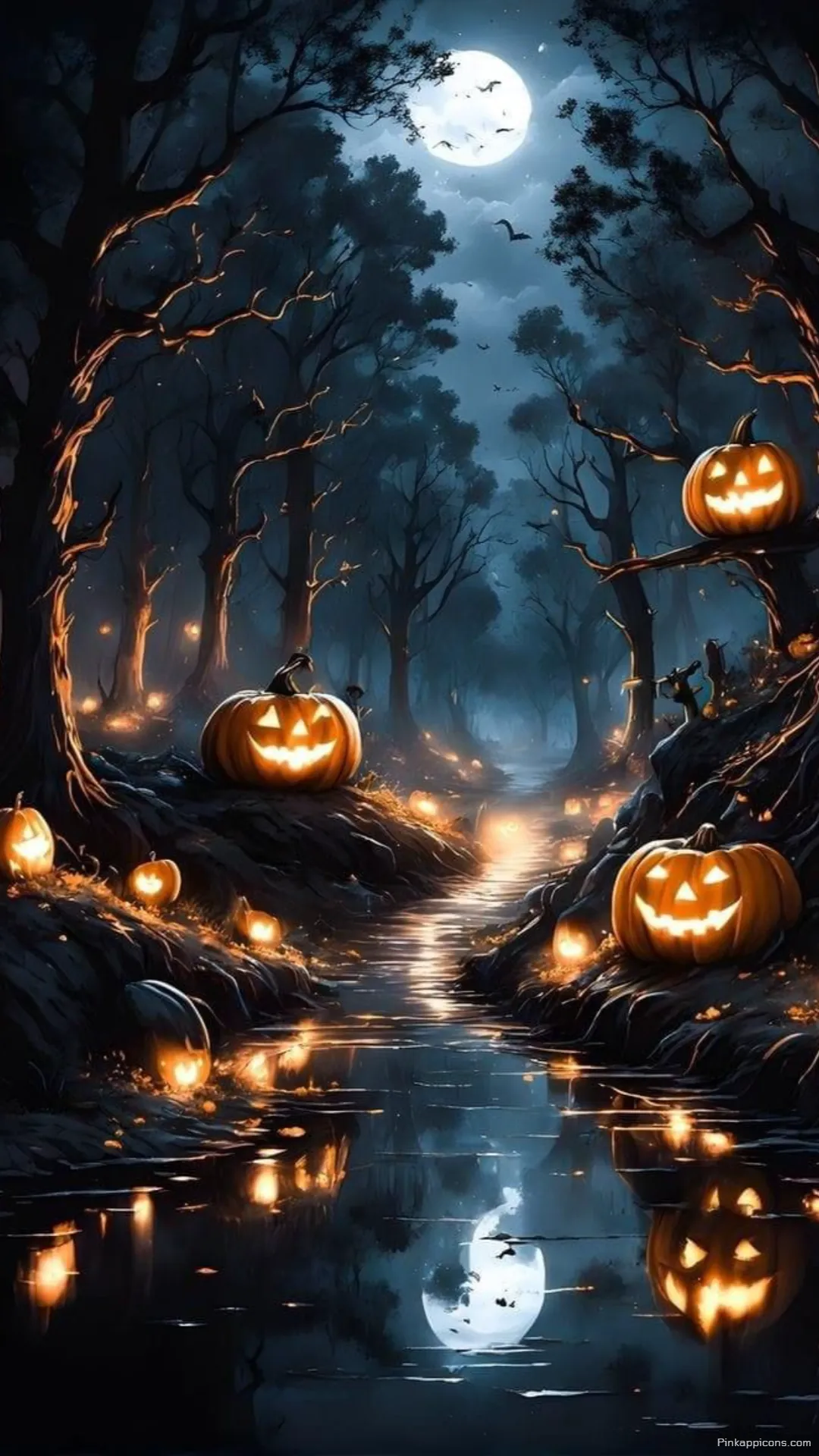 Moonlit Forest Stream with Glowing Jack o Lanterns Halloween Wallpaper Spooky Phone Background Moonlit Forest Stream with Glowing Jack-o’-Lanterns Halloween Wallpaper Spooky Phone Background.