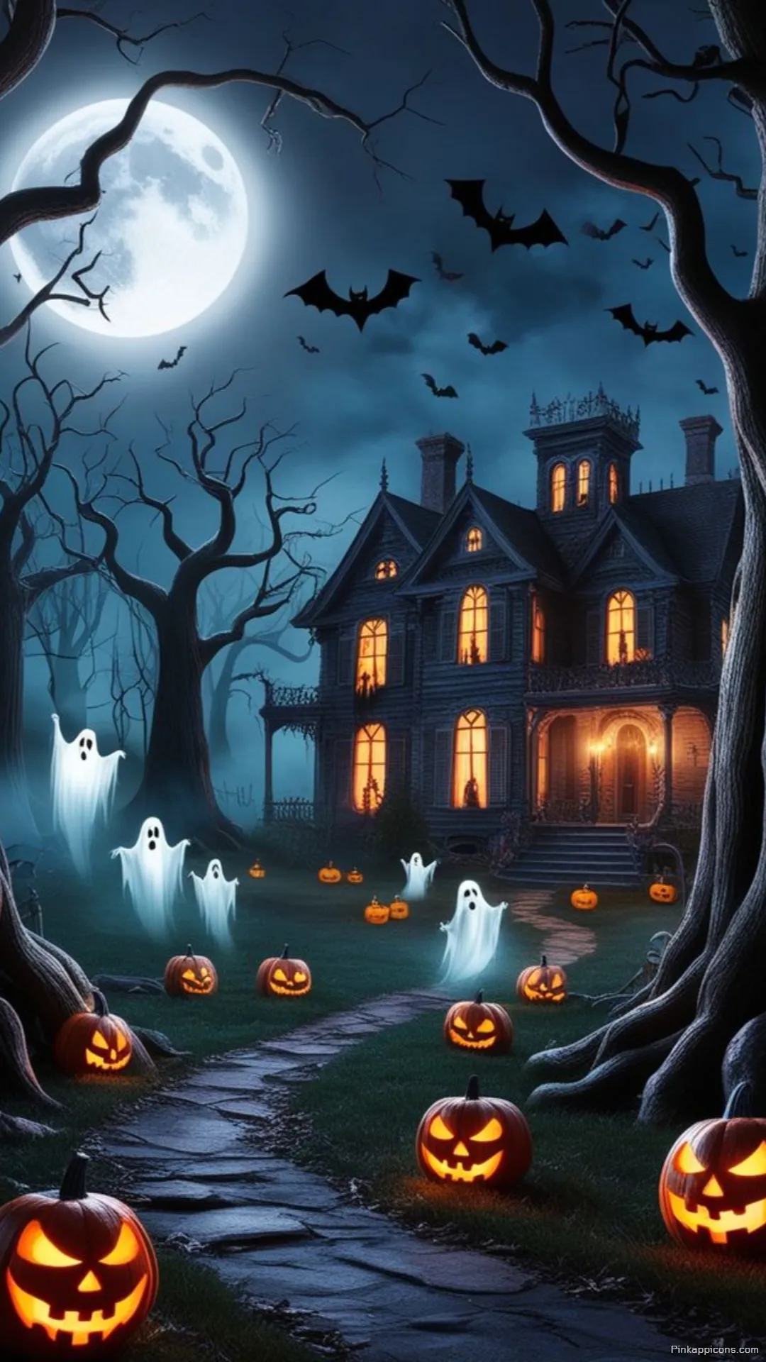 Moonlit Haunted House Friendly Ghosts Halloween Wallpaper Glowing Pumpkins Path for Phone Moonlit Haunted House & Friendly Ghosts Halloween Wallpaper Glowing Pumpkins Path for Phone.