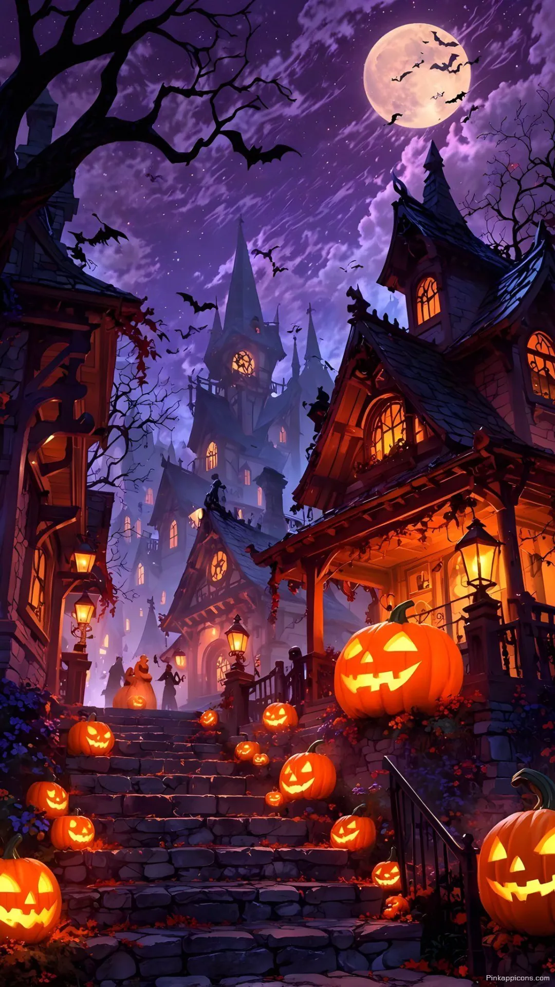 Moonlit Haunted Town with Glowing Jack o Lanterns Halloween Wallpaper Spooky Phone Background Moonlit Haunted Town with Glowing Jack-o’-Lanterns Halloween Wallpaper Spooky Phone Background.