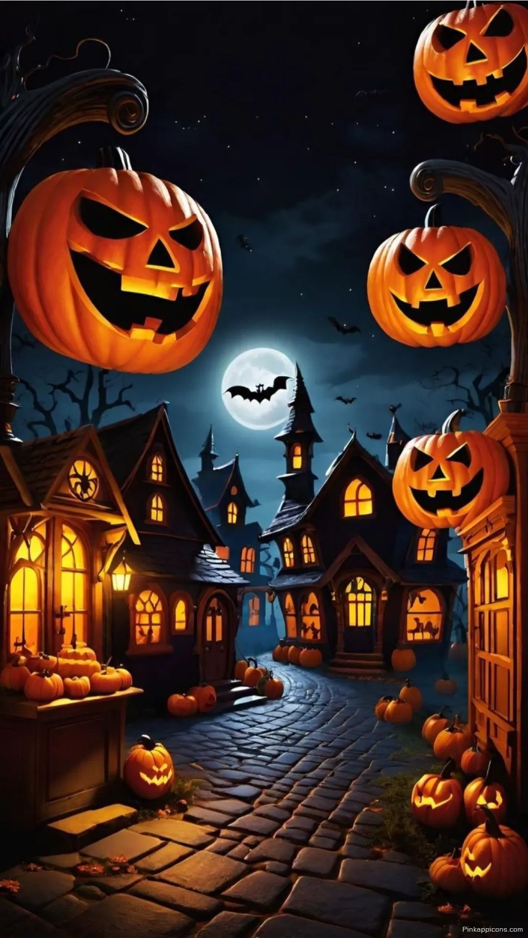 Moonlit Spooky Town with Hanging Jack o Lanterns Halloween Wallpaper Perfect Phone Background Moonlit Spooky Town with Hanging Jack-o’-Lanterns Halloween Wallpaper Perfect Phone Background.