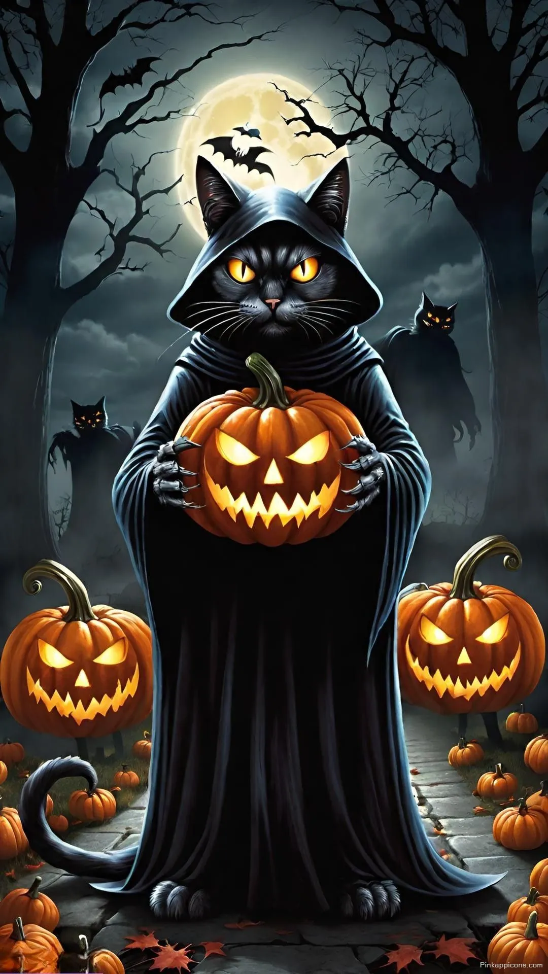 Mysterious Hooded Black Cat Holding Glowing Pumpkin Halloween Wallpaper for Your Phone Mysterious Hooded Black Cat Holding Glowing Pumpkin Halloween Wallpaper for Your Phone.