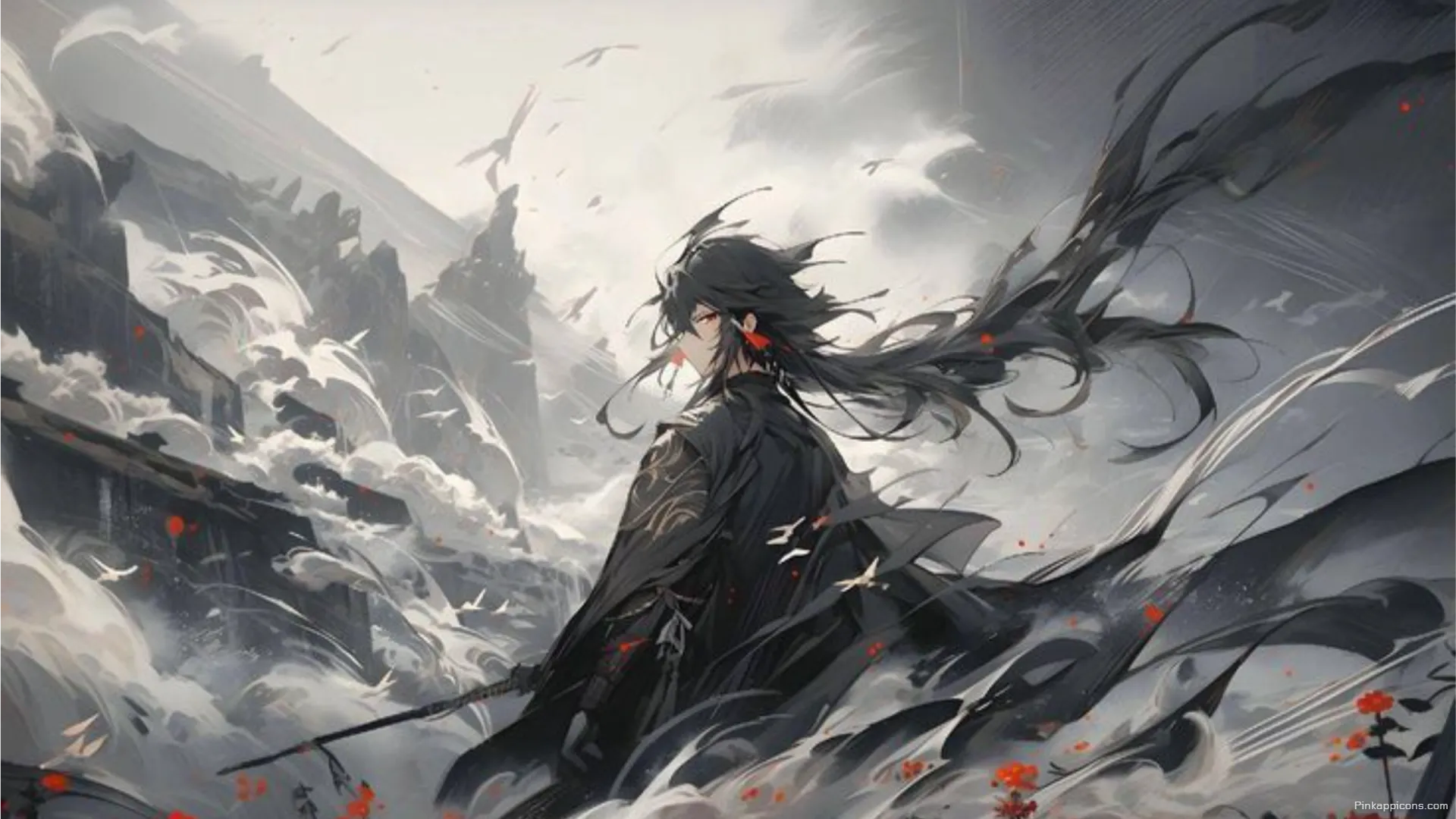 Mysterious Wanderer in a Desolate Landscape A Hauntingly Beautiful Laptop Anime Wallpaper Mysterious Wanderer in a Desolate Landscape A Hauntingly Beautiful Laptop Anime Wallpaper.
