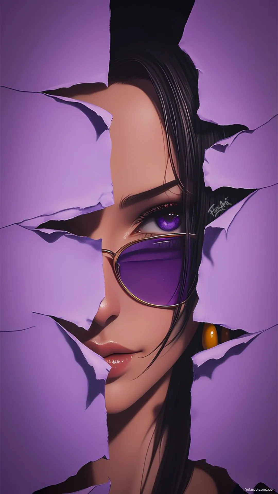 Mysterious anime girl with purple eyes and shades tearing through paper an edgy dark anime wallpaper 4K for your phone Mysterious anime girl with purple eyes and shades tearing through paper, an edgy dark anime wallpaper 4K for your phone.