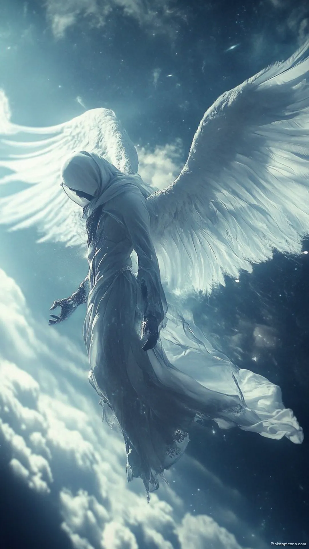 Mysterious hooded angel wallpaper with huge white wings a celestial being for your phone Mysterious hooded angel wallpaper with huge white wings, a celestial being for your phone.