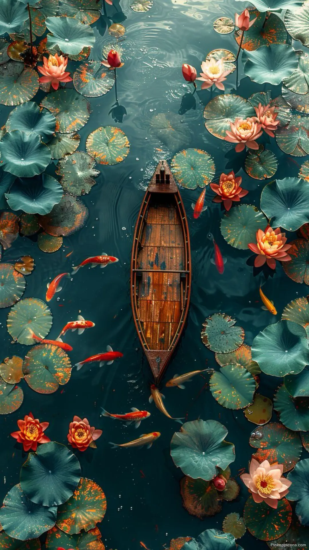 Mystical Pond Life Ocean Wallpaper Intricate Lily Pads and Golden Fish with a Classic Boat for Your Stunning Phone Wallpaper Mystical Pond Life Ocean Wallpaper Intricate Lily Pads and Golden Fish with a Classic Boat for Your Stunning Phone Wallpaper