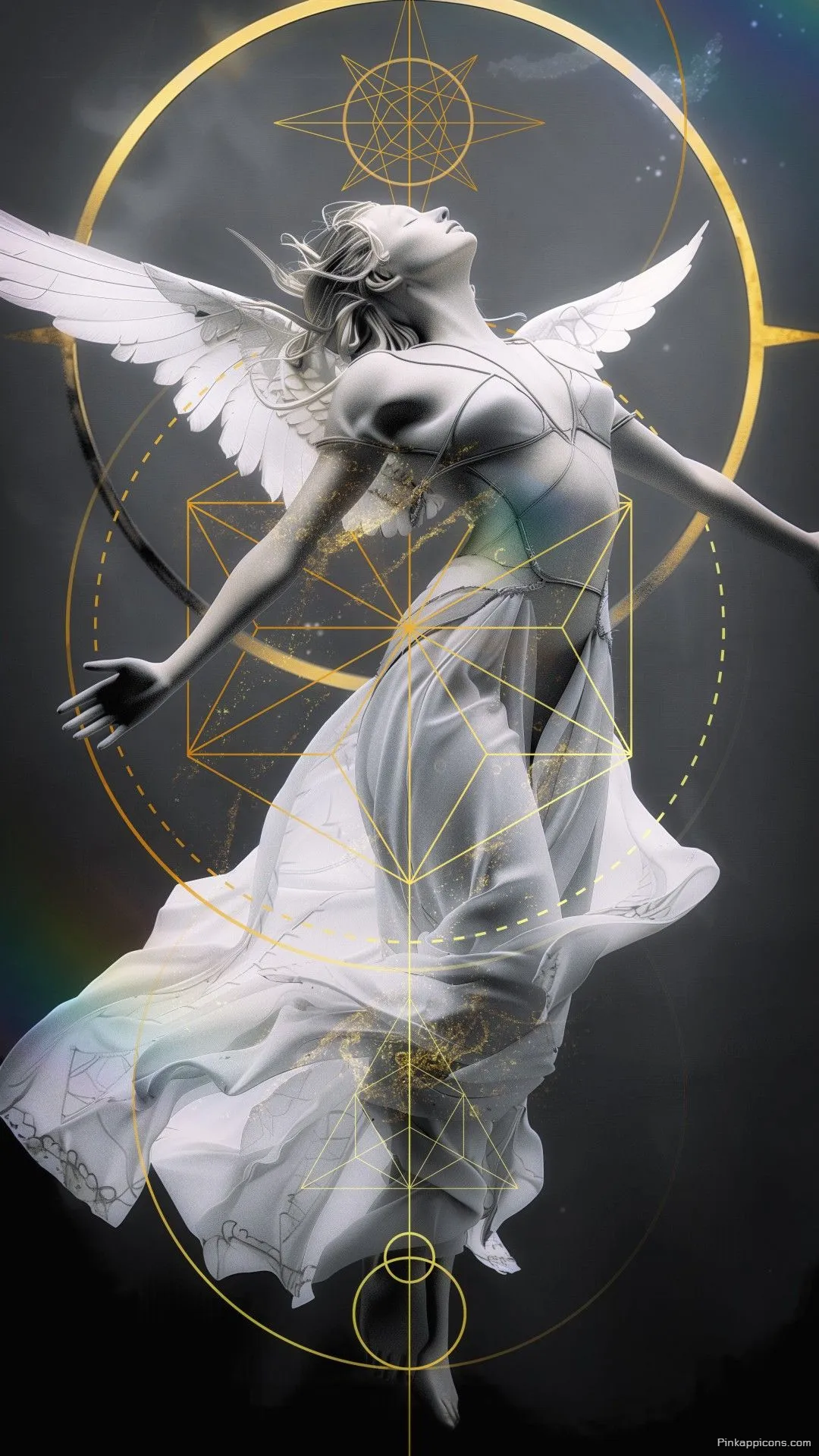 Mystical angel wallpaper with golden sacred geometry a celestial design for your phone Mystical angel wallpaper with golden sacred geometry, a celestial design for your phone.