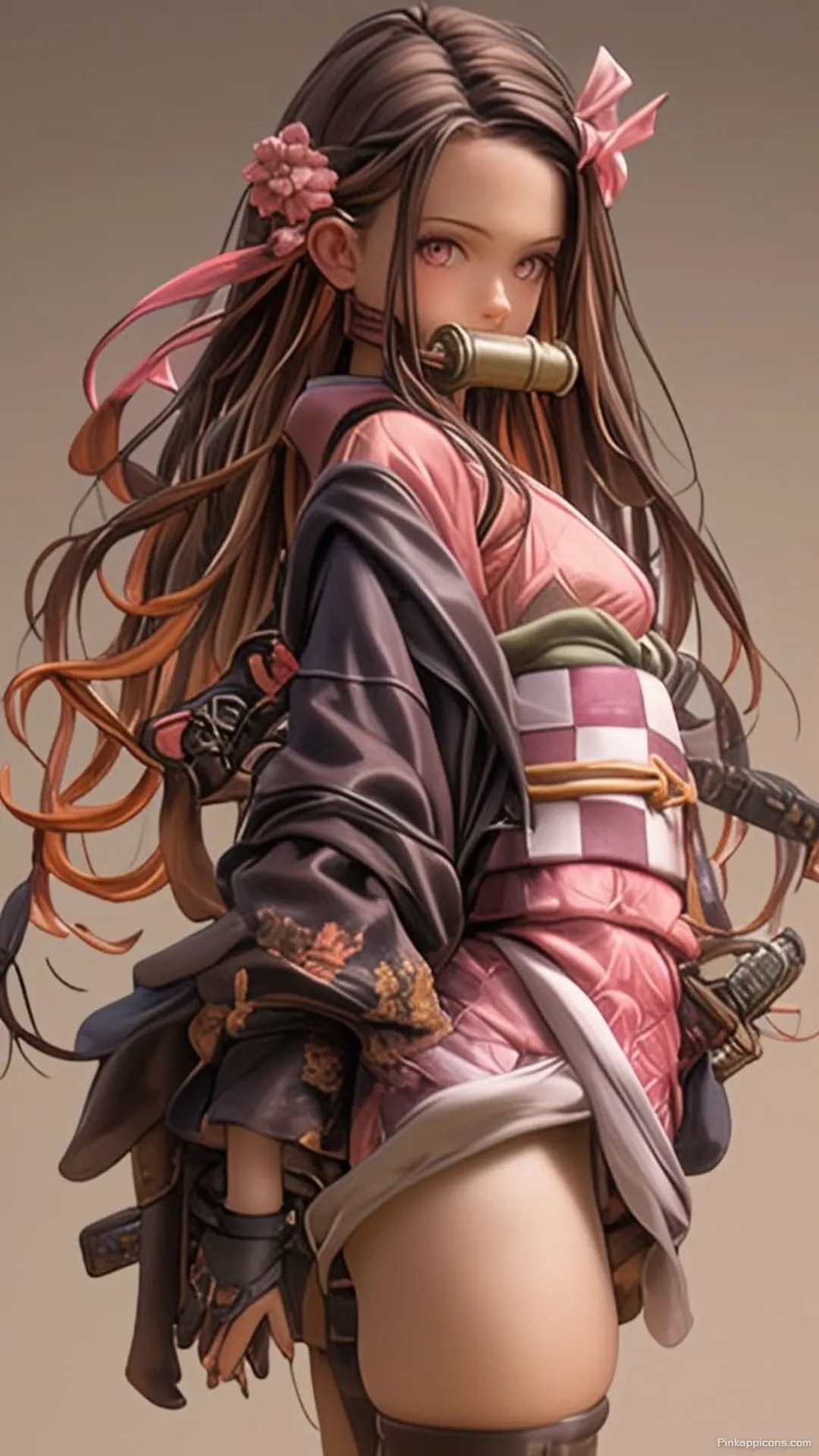 Nezuko Kamado with glowing pink eyes and bamboo muzzle an iconic dark anime wallpaper 4K for your phone Nezuko Kamado with glowing pink eyes and bamboo muzzle, an iconic dark anime wallpaper 4K for your phone.
