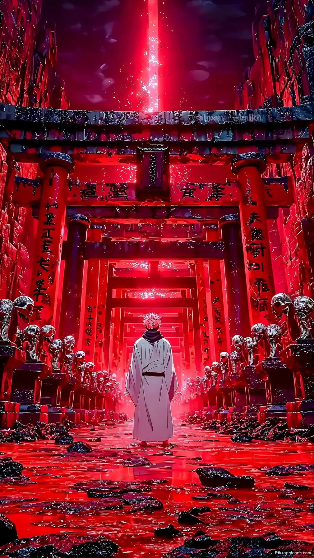 Ominous red pathway lined with skulls in a stunning dark anime wallpaper 4K for your phone Ominous red pathway lined with skulls in a stunning dark anime wallpaper 4K for your phone.