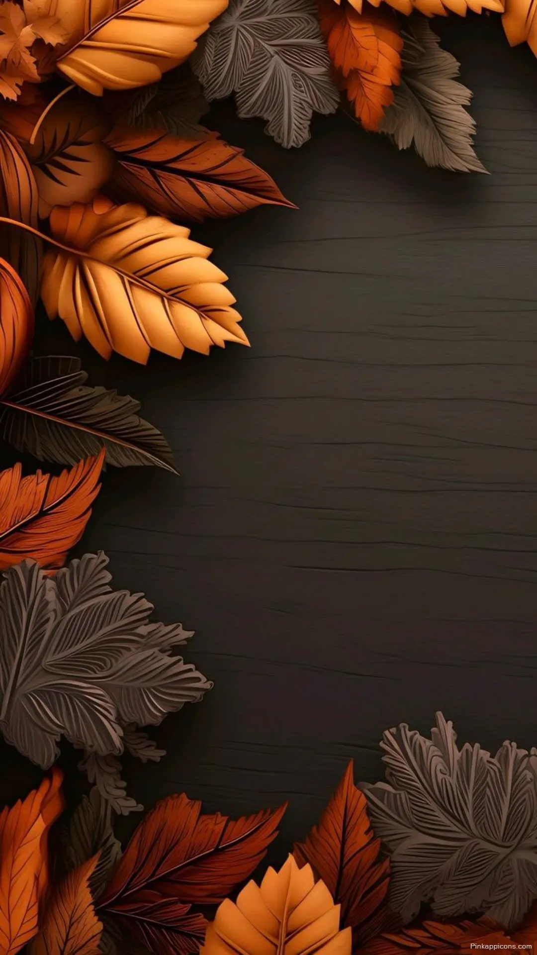 Picturesque autumn wallpaper with richly colored leaves on a deep wood texture perfect for any smartphone Picturesque autumn wallpaper with richly colored leaves on a deep wood texture, perfect for any smartphone