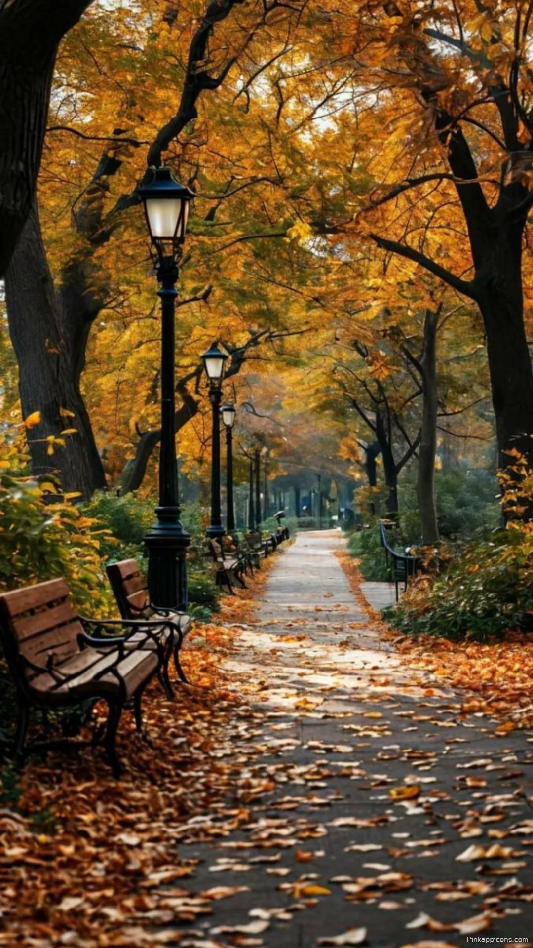 Picturesque fall scenery a park lane with colorful trees and inviting benches amazing autumn wallpaper Picturesque fall scenery a park lane with colorful trees and inviting benches amazing autumn wallpaper
