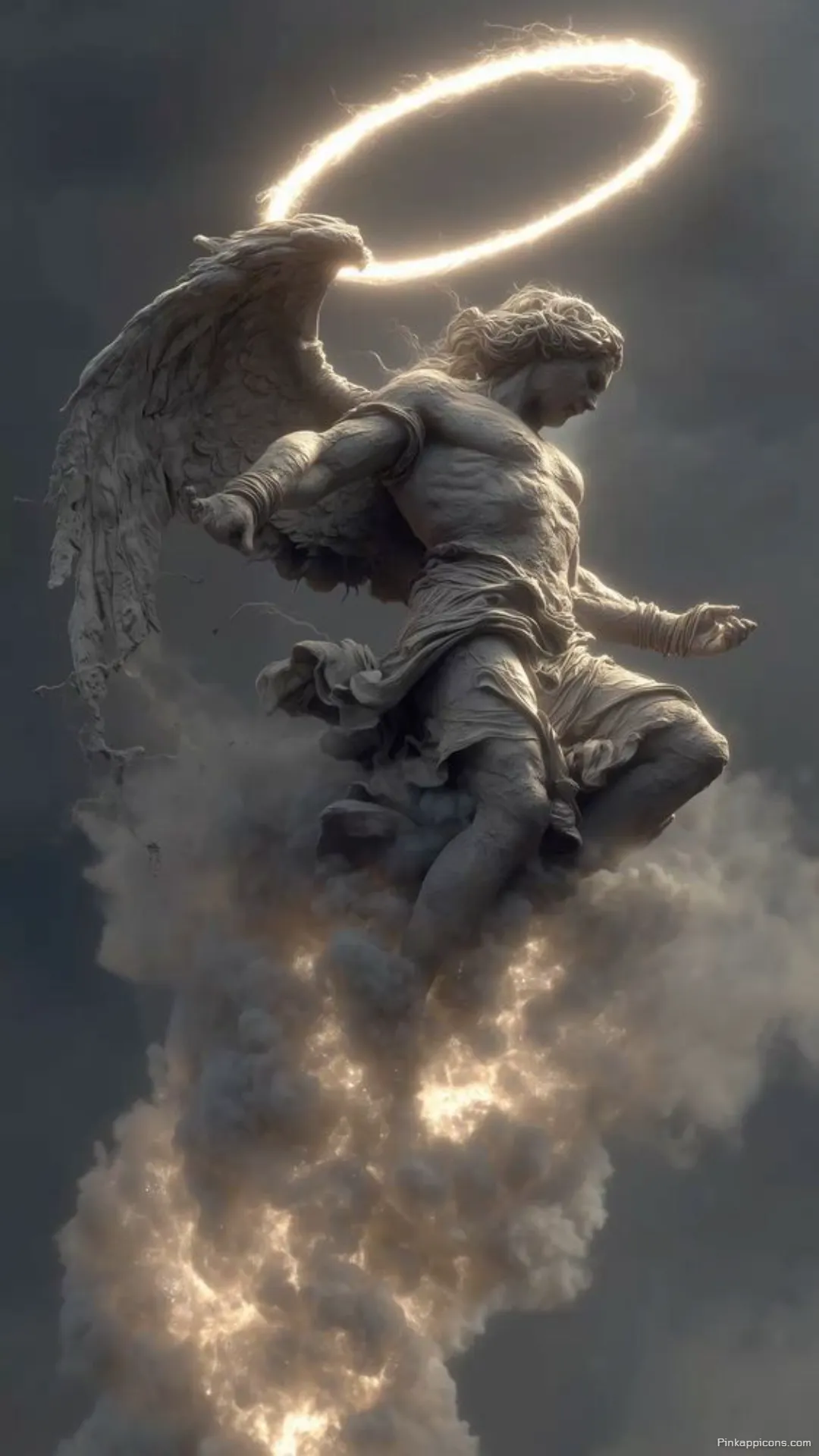 Powerful angel wallpaper of a muscular statue with a glowing halo a divine phone background Powerful angel wallpaper of a muscular statue with a glowing halo, a divine phone background.