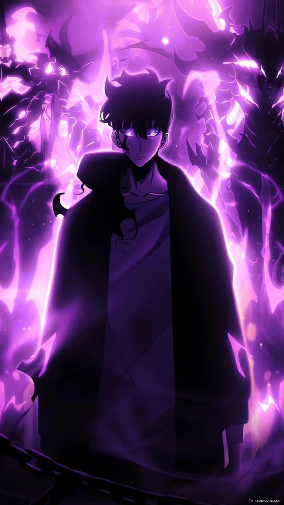 Powerful anime protagonist with purple aura and shadowy summons a dark anime wallpaper 4K for your phone Powerful anime protagonist with purple aura and shadowy summons – a dark anime wallpaper 4K for your phone.