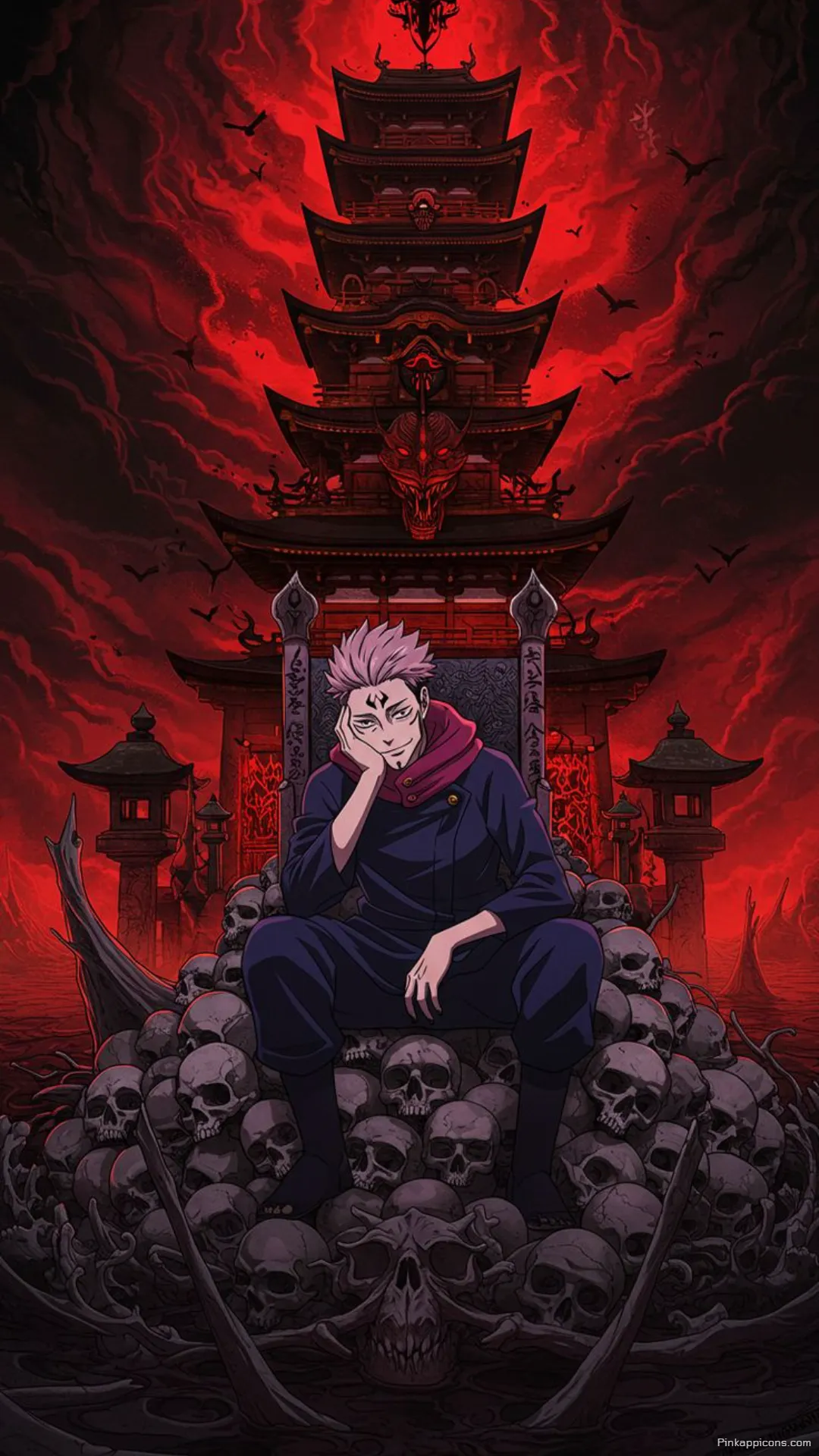 Red haired anime king on a skull throne under a dark sky an epic dark anime wallpaper 4K for your phone Red-haired anime king on a skull throne under a dark sky, an epic dark anime wallpaper 4K for your phone.