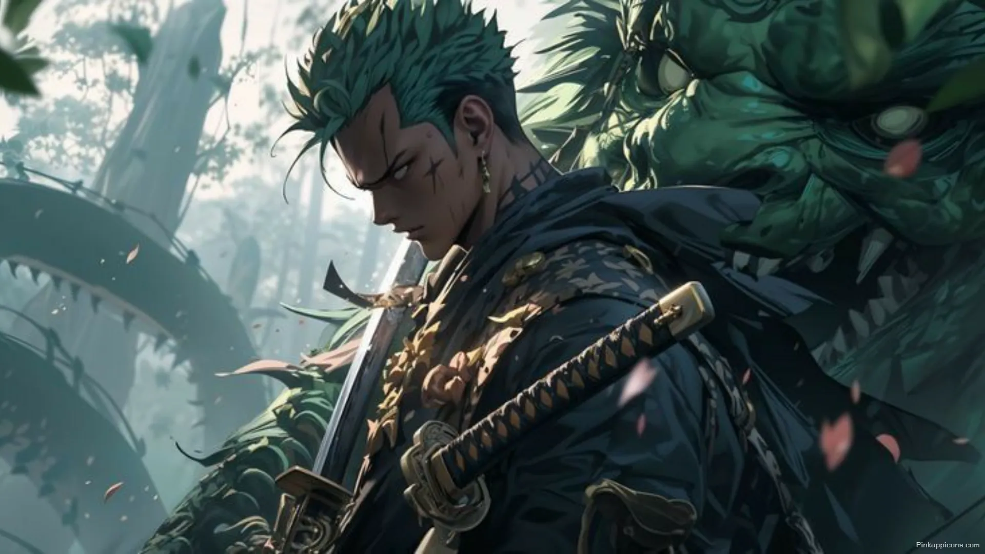 Roronoa Zoro Dragon Laptop Anime Wallpaper One Piece Swordsman in a Mythical Forest Roronoa Zoro Dragon Laptop Anime Wallpaper One Piece Swordsman in a Mythical Forest