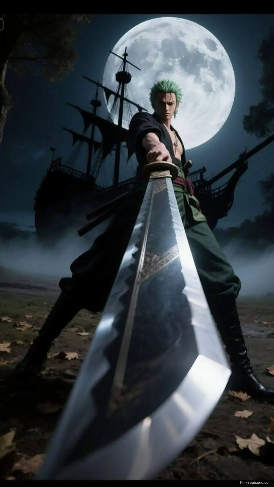 Roronoa Zoro under a haunting full moon wielding his katana an epic dark anime wallpaper 4K for your phone Roronoa Zoro under a haunting full moon, wielding his katana an epic dark anime wallpaper 4K for your phone.