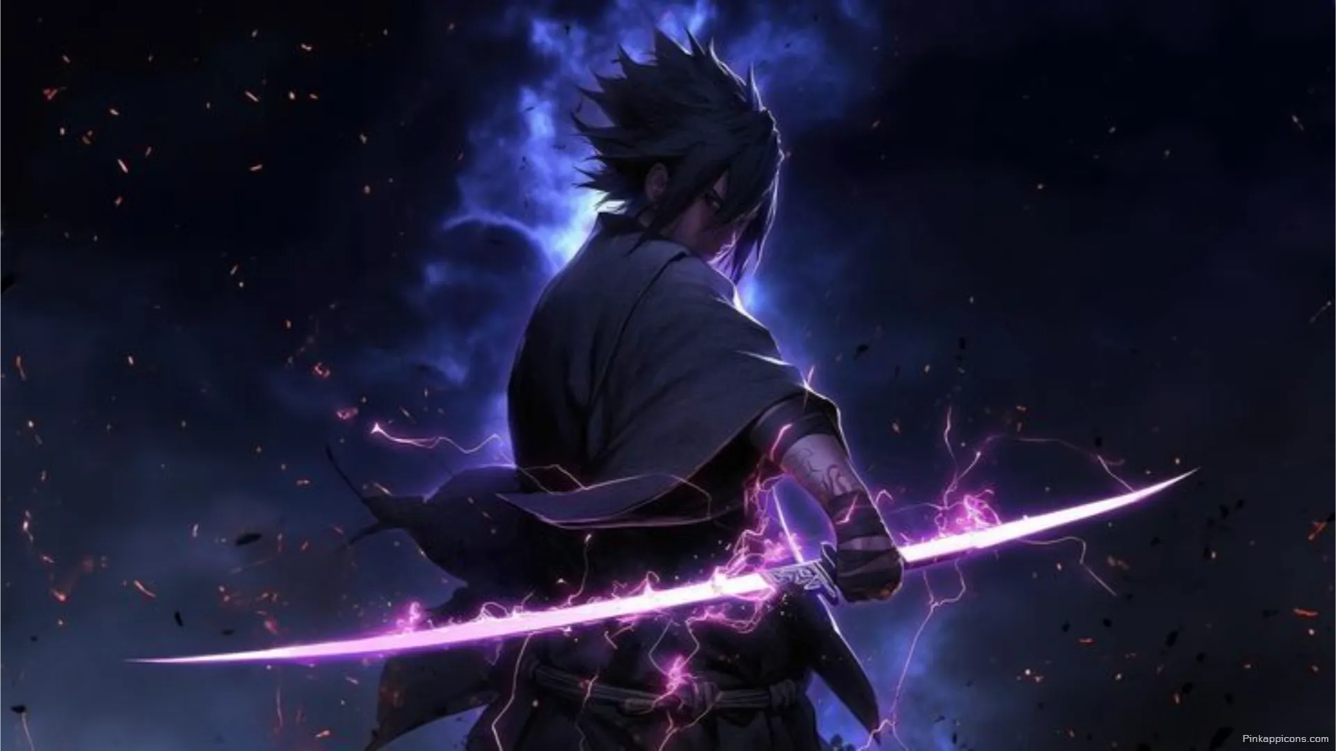 Sasuke Uchiha with his Chidori infused katana an electrifying laptop anime wallpaper Sasuke Uchiha with his Chidori-infused katana, an electrifying laptop anime wallpaper.