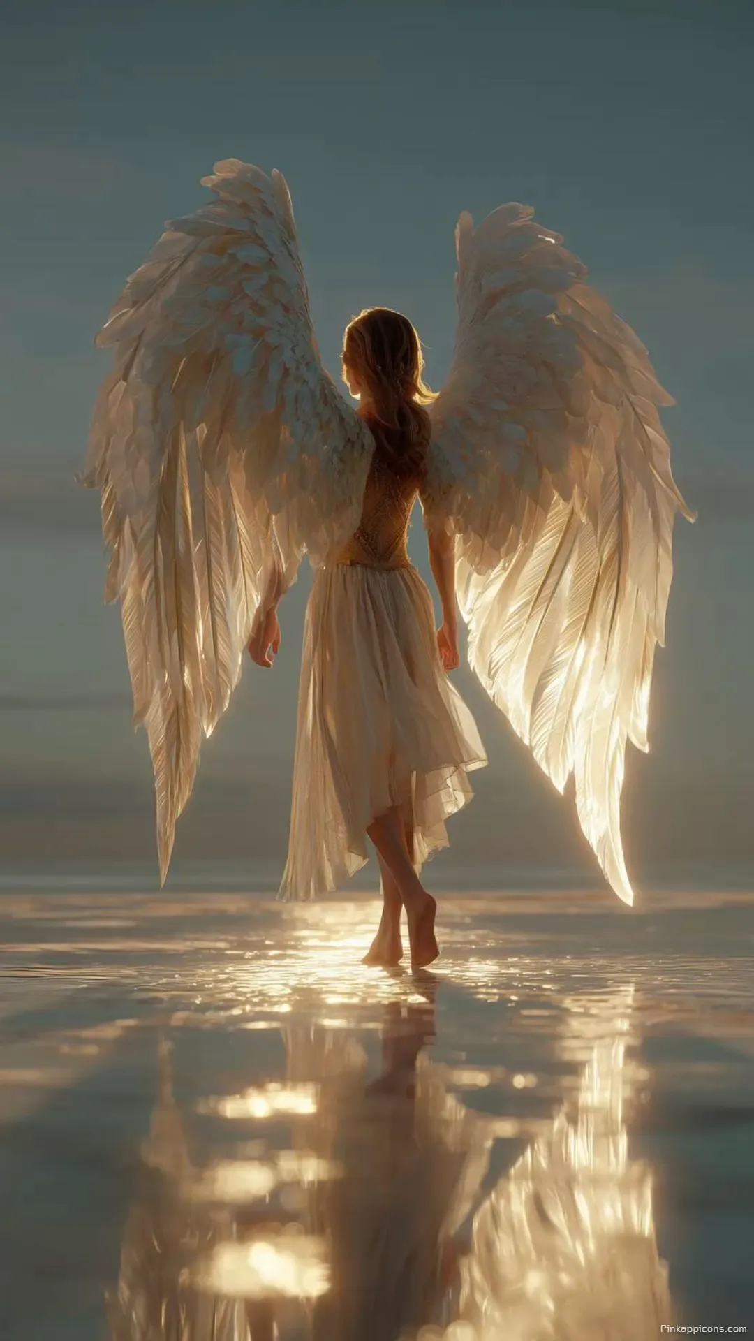 Serene angel wallpaper with glowing wings walking on water at sunset a beautiful phone wallpaper Serene angel wallpaper with glowing wings walking on water at sunset, a beautiful phone wallpaper.