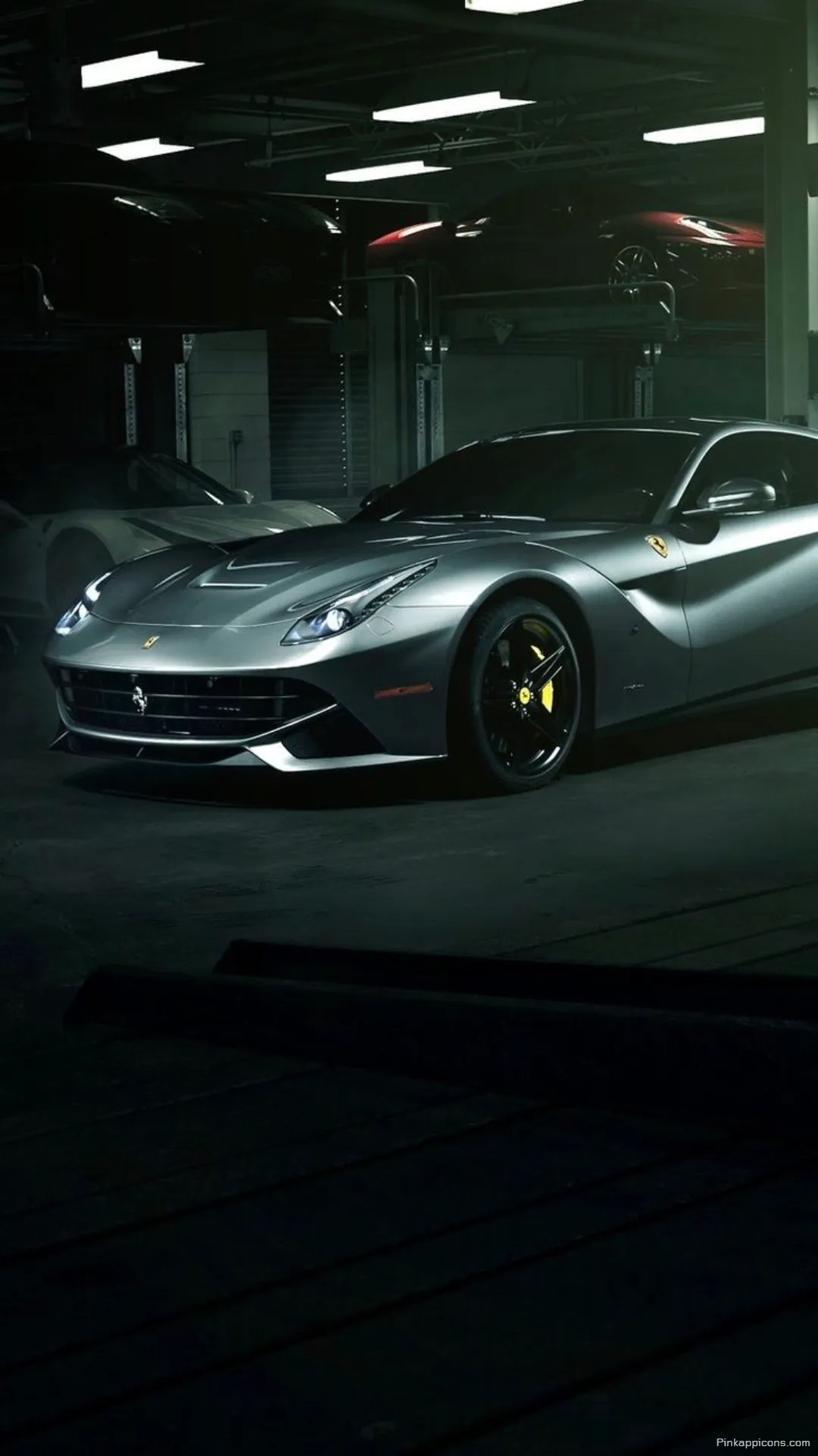 Sleek Grey Ferrari Supercar Garage wallpaper Elegant F12 Berlinetta in a high end workshop perfect phone background Sleek Grey Ferrari Supercar Garage wallpaper Elegant F12 Berlinetta in a high-end workshop, perfect phone background