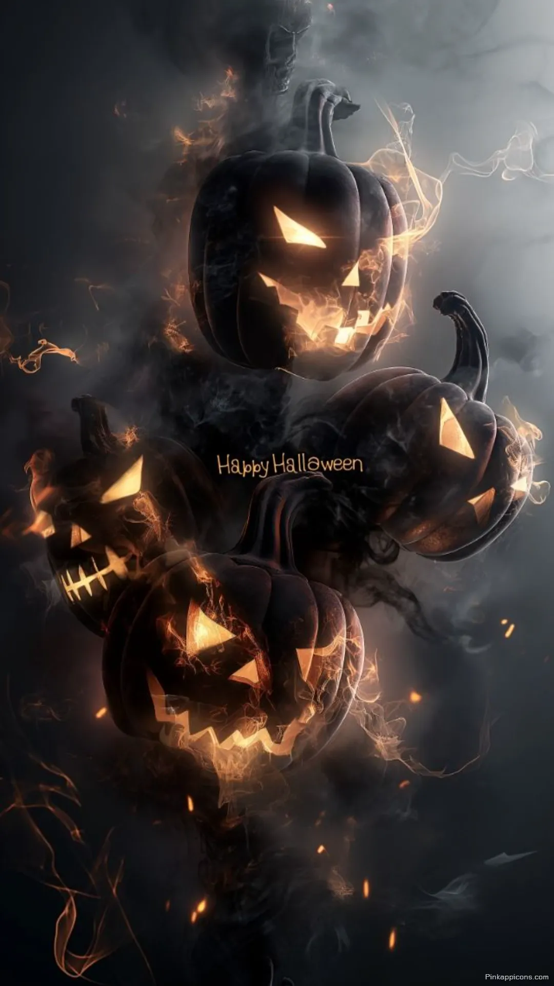 Smoky Glowing Jack o Lanterns Happy Halloween Text Spooky Phone Background Wallpaper Smoky Glowing Jack-o’-Lanterns & Happy Halloween Text Spooky Phone Background Wallpaper.