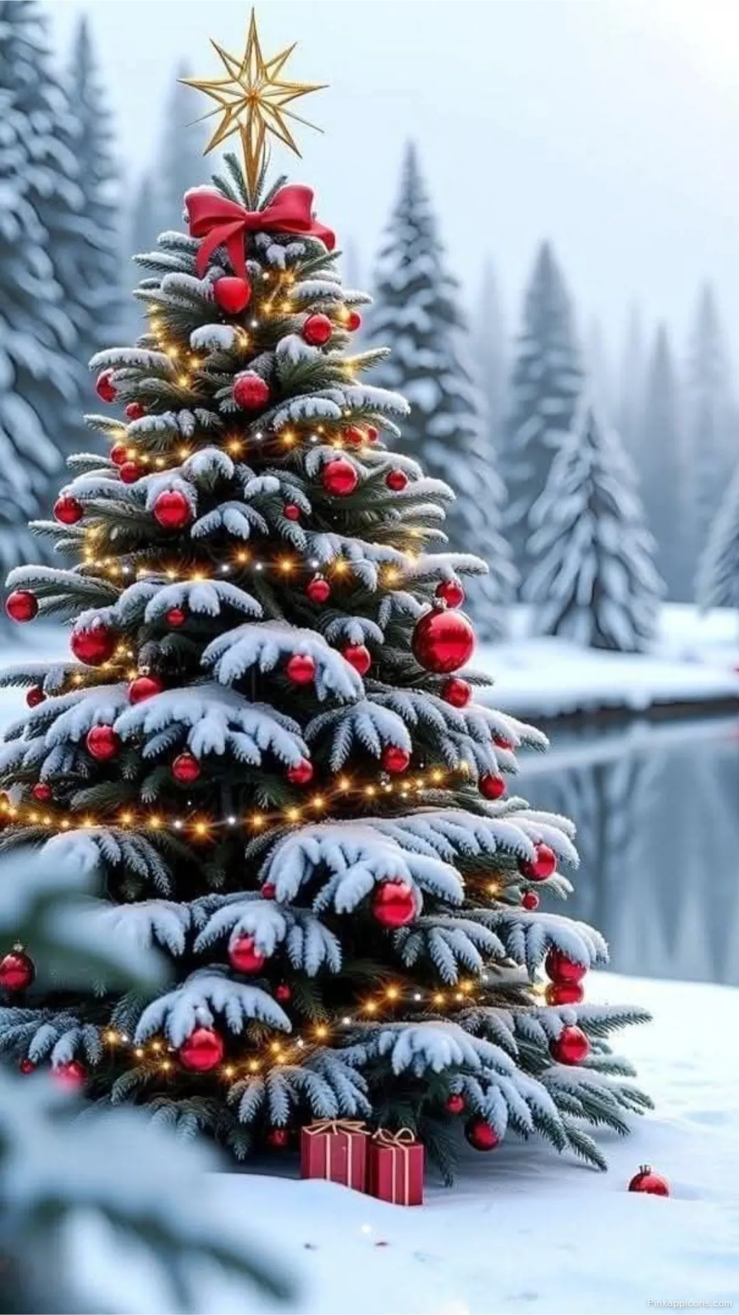 Snowy Outdoor Christmas Tree Wallpaper Festive Red Ornaments in a Winter Wonderland Snowy Outdoor Christmas Tree Wallpaper Festive Red Ornaments in a Winter Wonderland