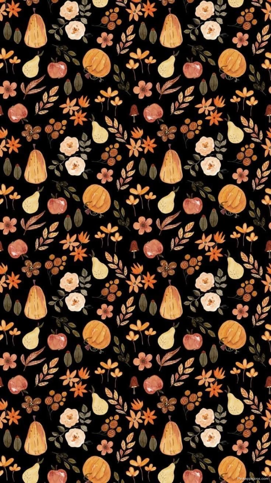 Sophisticated autumn wallpaper with a dark background showcasing a vibrant pattern of pumpkins apples and leaves Sophisticated autumn wallpaper with a dark background showcasing a vibrant pattern of pumpkins, apples, and leaves