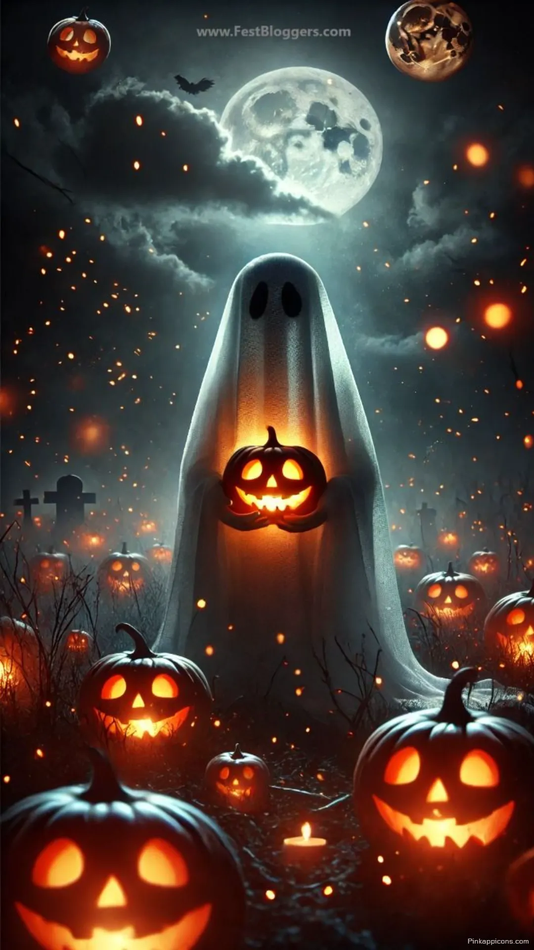 Spooky Ghost Holding Glowing Pumpkin in a Moonlit Graveyard Halloween Wallpaper for Phone Spooky Ghost Holding Glowing Pumpkin in a Moonlit Graveyard Halloween Wallpaper for Phone.