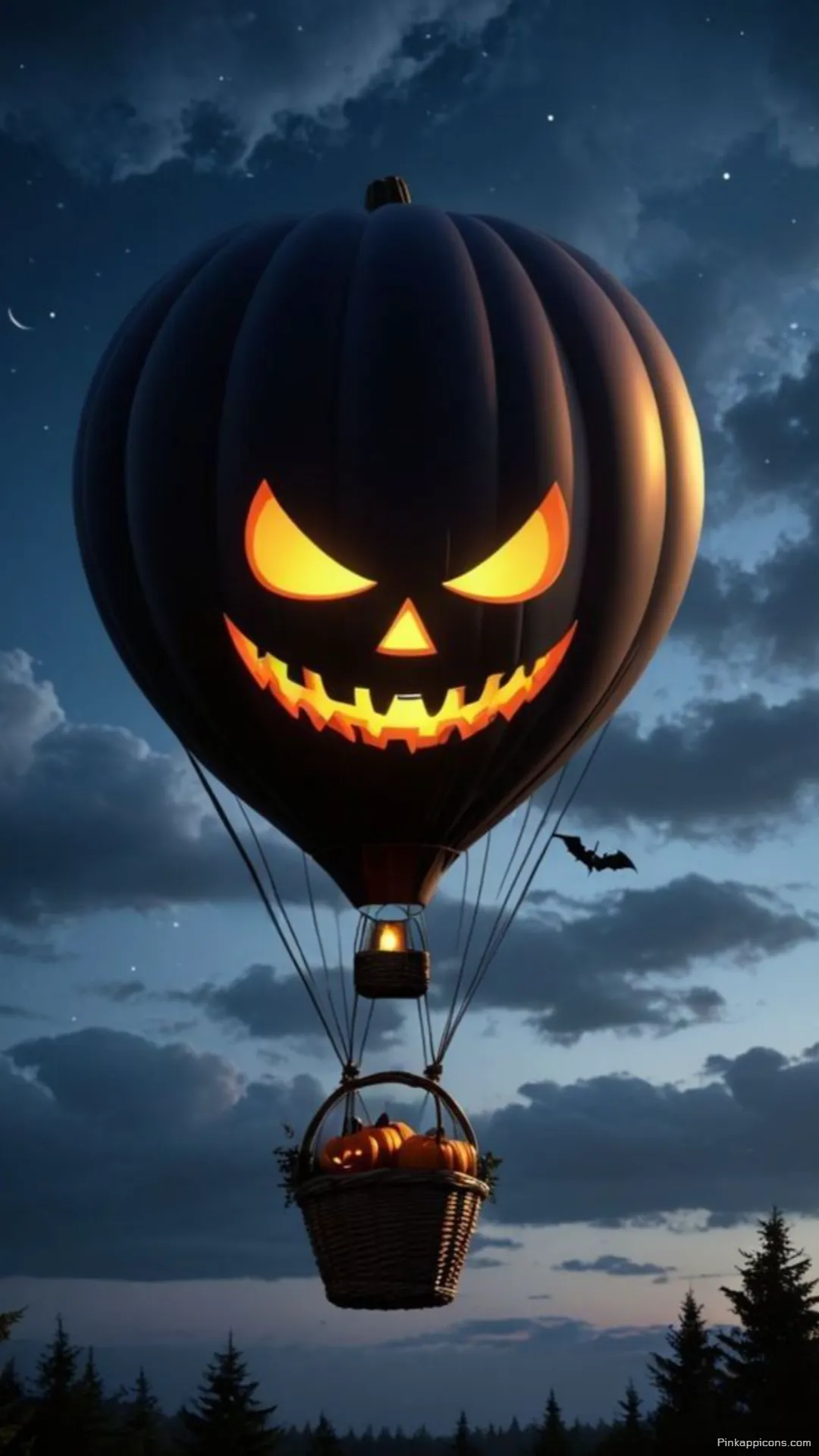 Spooky Jack o Lantern Hot Air Balloon Flying at Twilight Halloween Wallpaper for Phone Spooky Jack-o’-Lantern Hot Air Balloon Flying at Twilight Halloween Wallpaper for Phone.