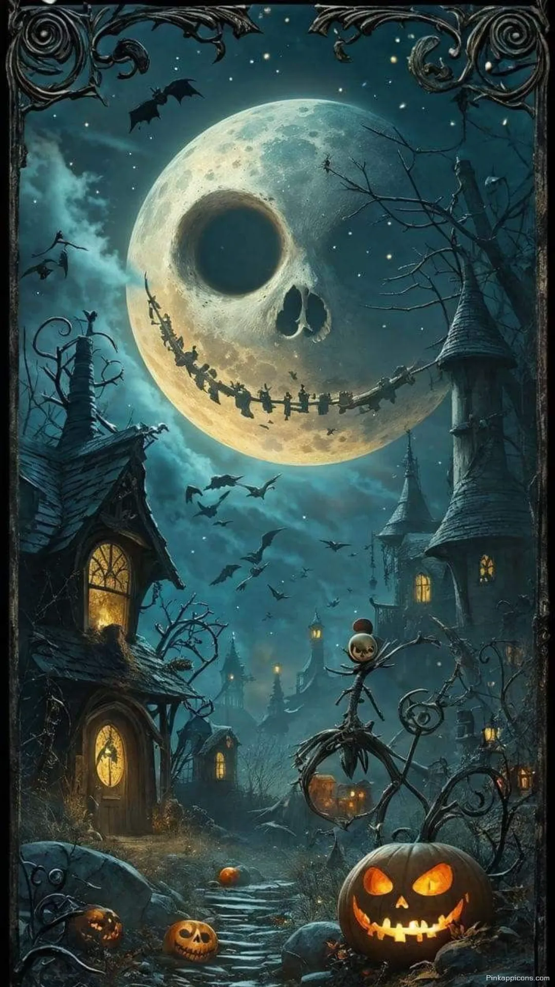 Spooky Moon Face Over Haunted Village with Bats and Jack o Lanterns Halloween Wallpaper Phone Spooky Moon Face Over Haunted Village with Bats and Jack-o’-Lanterns Halloween Wallpaper Phone.