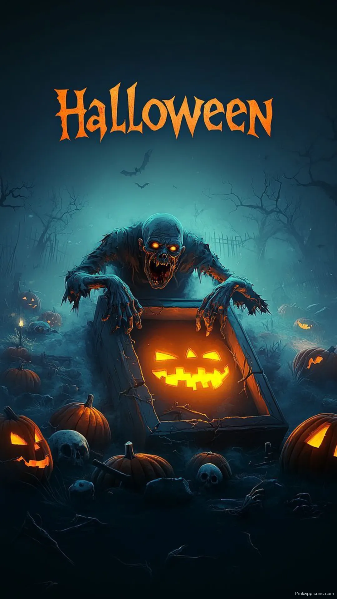 Spooky Zombie with Fiery Eyes Jack o Lantern Grave Halloween Wallpaper Perfect Phone Screen Spooky Zombie with Fiery Eyes & Jack-o’-Lantern Grave Halloween Wallpaper Perfect Phone Screen.
