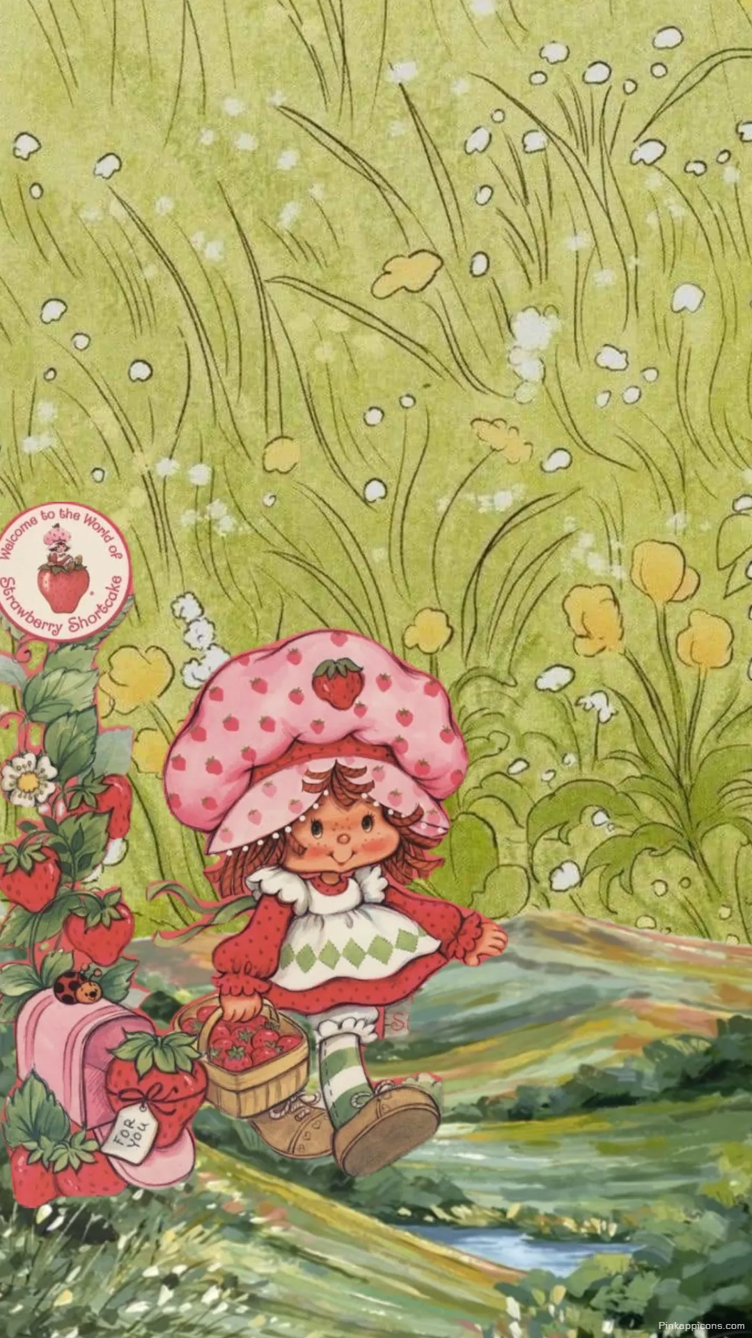Storybook Strawberry Shortcake Wallpaper in a Meadow Vintage Art Phone Background Storybook Strawberry Shortcake Wallpaper in a Meadow Vintage Art Phone Background