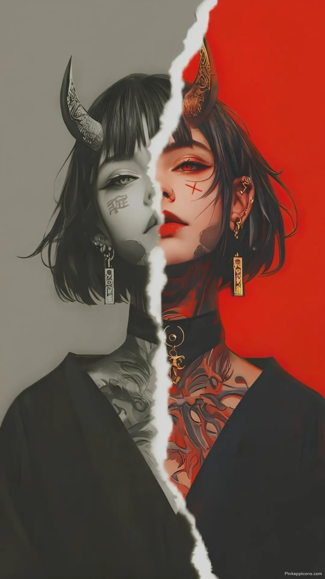Striking duality horned anime girl split in red and grayscale an edgy dark anime wallpaper 4K for your phone Striking duality horned anime girl split in red and grayscale, an edgy dark anime wallpaper 4K for your phone.