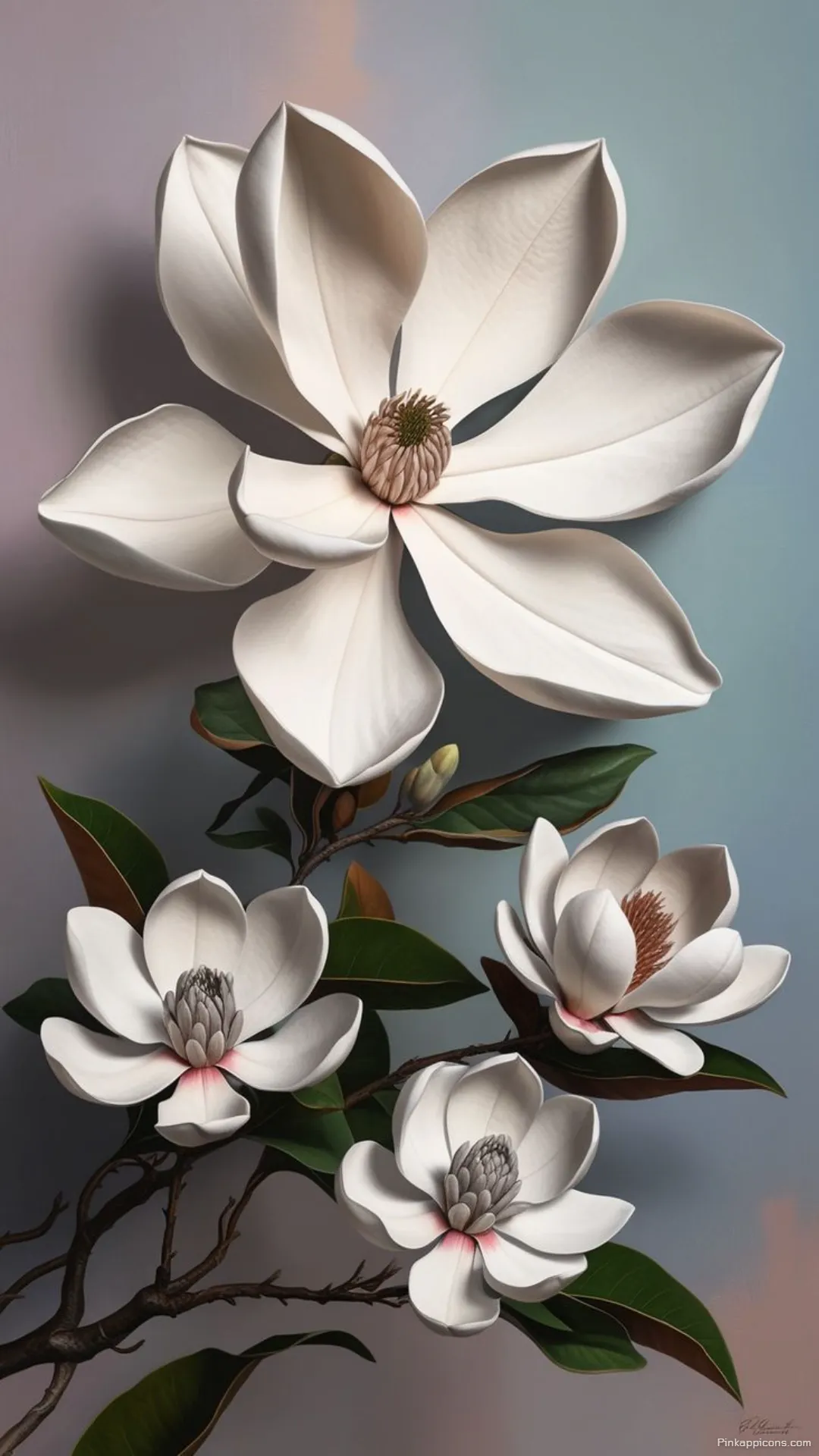 Stunning 3D effect white flowers magnolia wallpaper for a modern and artistic phone screen Stunning 3D effect white flowers magnolia wallpaper for a modern and artistic phone screen.