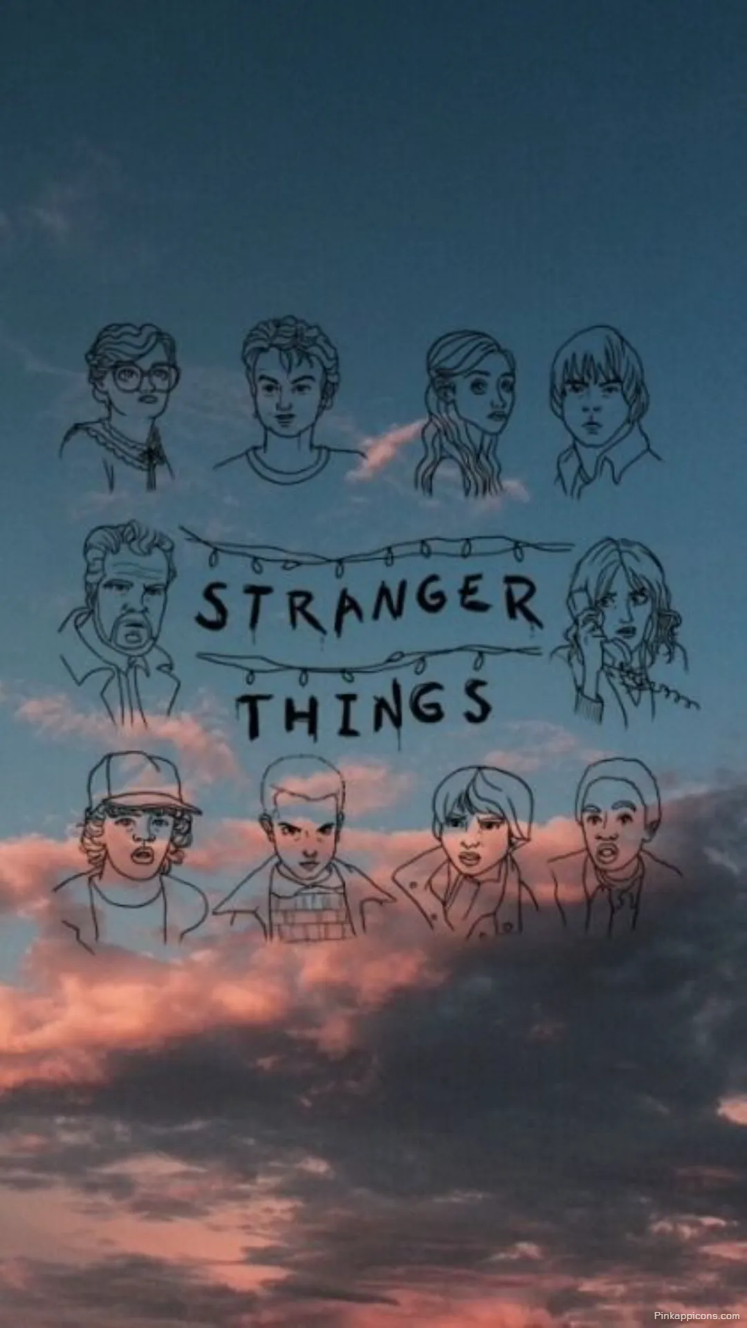Stunning Stranger Things Wallpaper for Phone featuring Iconic Character Line Art on a Beautiful Sunset Sky Background Stunning Stranger Things Wallpaper for Phone featuring Iconic Character Line Art on a Beautiful Sunset Sky Background.