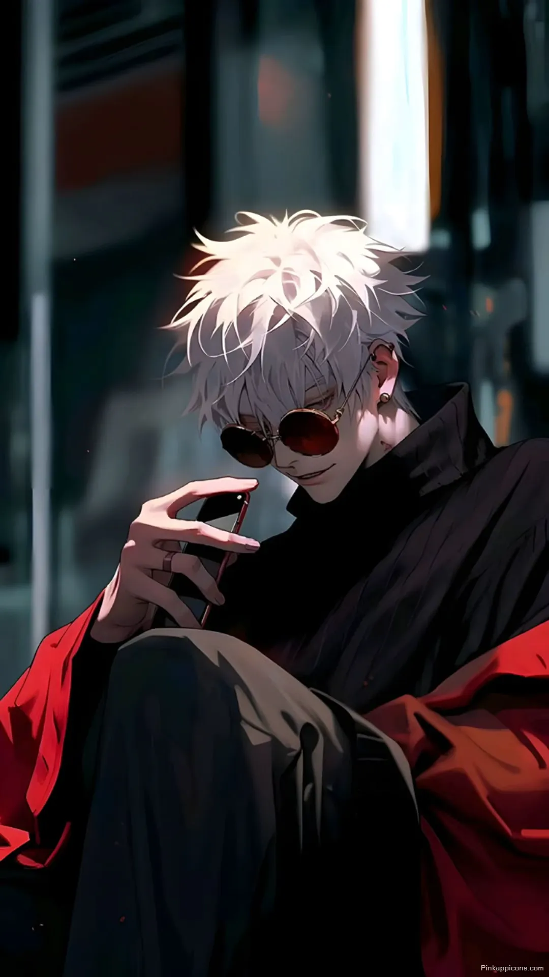 Stylish Gojo Satoru with red jacket and phone a cool urban dark anime wallpaper 4K for your smartphone Stylish Gojo Satoru with red jacket and phone, a cool urban dark anime wallpaper 4K for your smartphone.