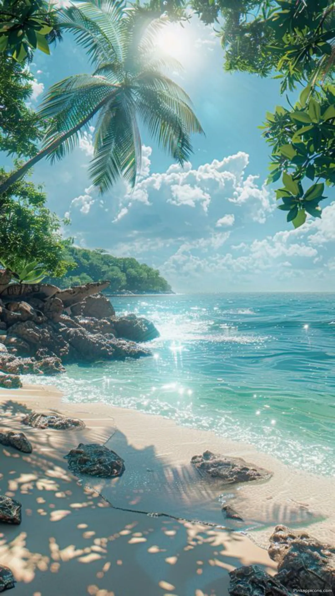 Sunny Coastal Ocean Wallpaper Glistening waves golden sand and vibrant green palms offer a refreshing mobile background wallpaper Sunny Coastal Ocean Wallpaper Glistening waves, golden sand, and vibrant green palms offer a refreshing mobile background wallpaper
