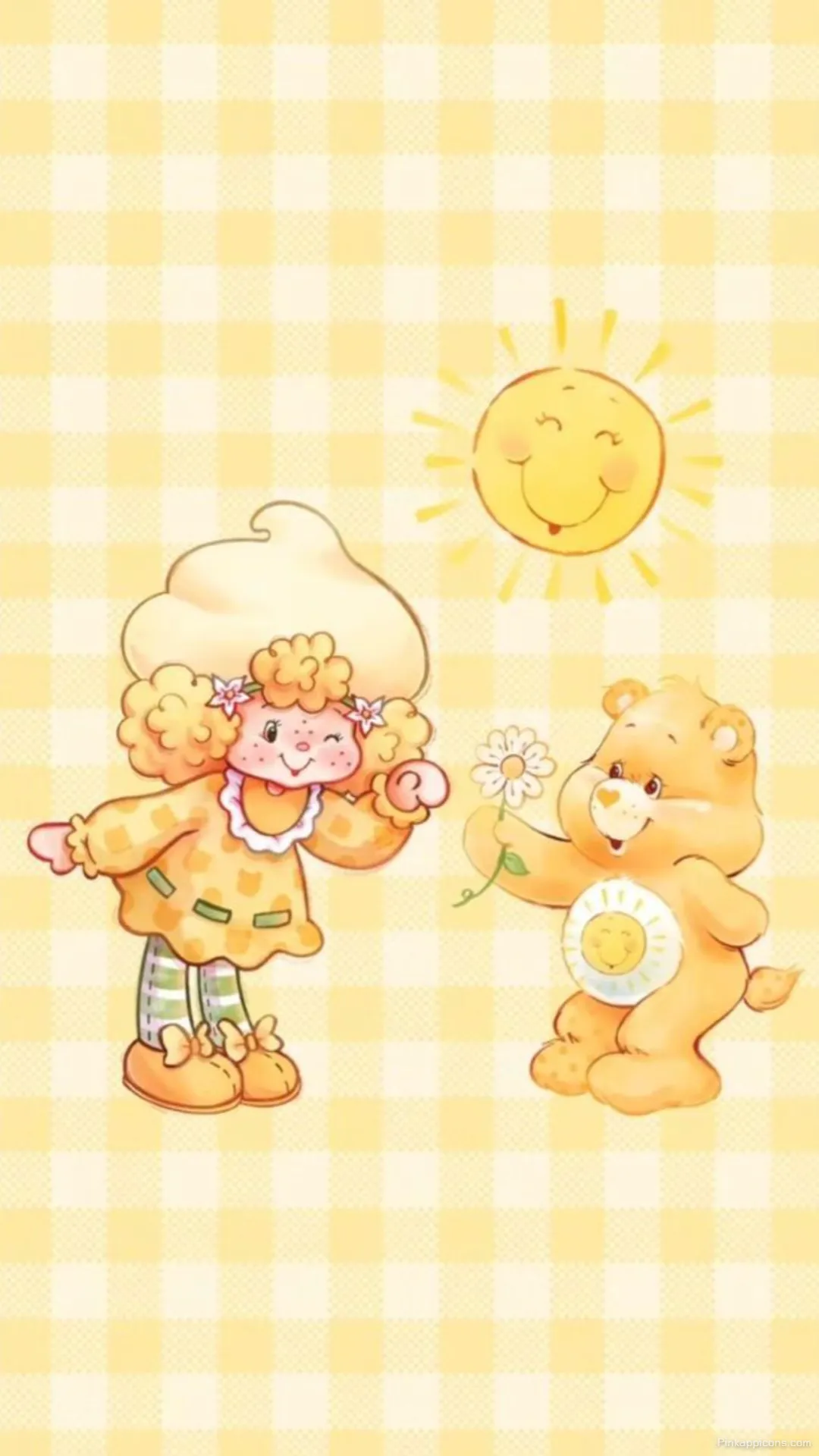 Sunny Strawberry Shortcake Wallpaper ft. a Care Bear Yellow Gingham Phone Background Sunny Strawberry Shortcake Wallpaper ft. a Care Bear Yellow Gingham Phone Background