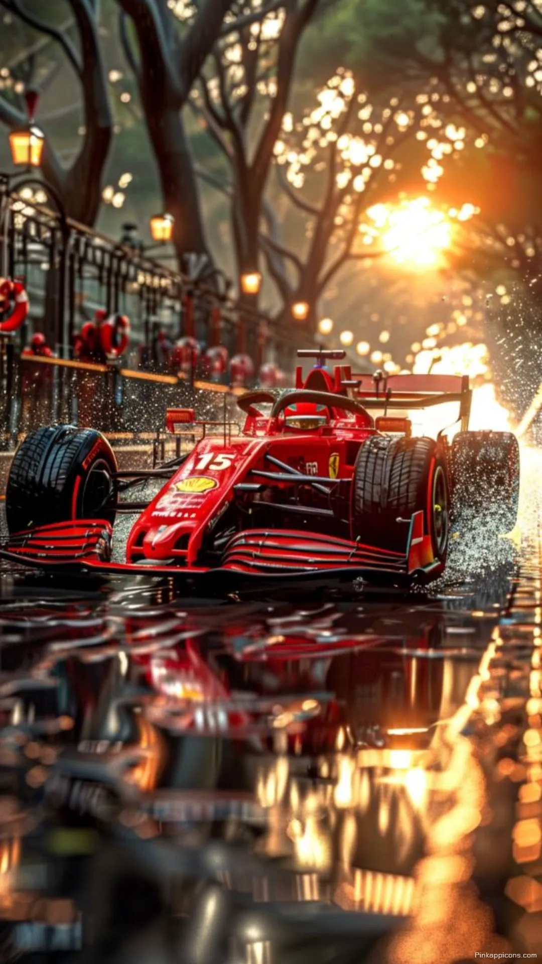 Sunset Race Ferrari F1 Car wallpaper Reflective wet track and vibrant golden light illuminate this powerful sports car phone wallpaper Sunset Race Ferrari F1 Car wallpaper Reflective wet track and vibrant golden light illuminate this powerful sports car phone wallpaper