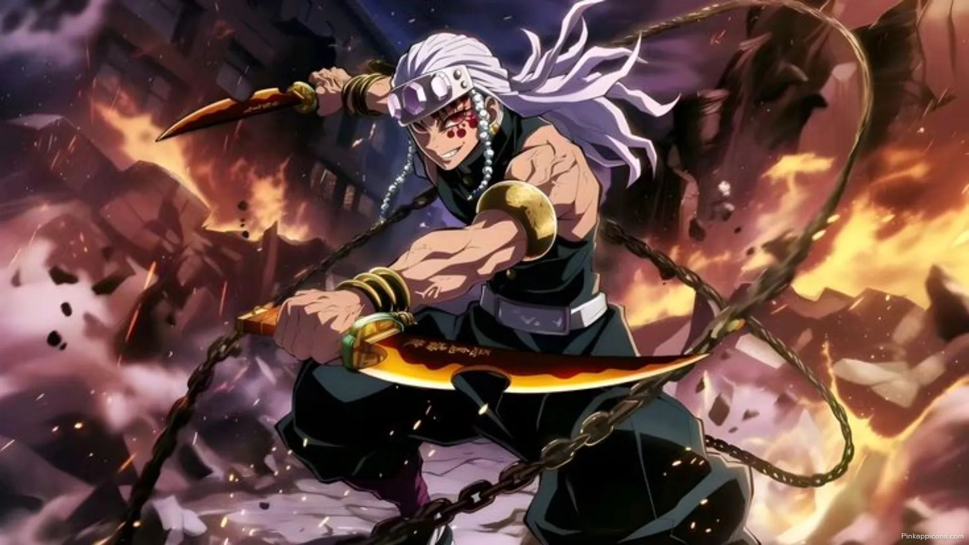 Tengen Uzui the flamboyant Sound Hashira in action for your laptop anime wallpaper Tengen Uzui, the flamboyant Sound Hashira, in action for your laptop anime wallpaper.