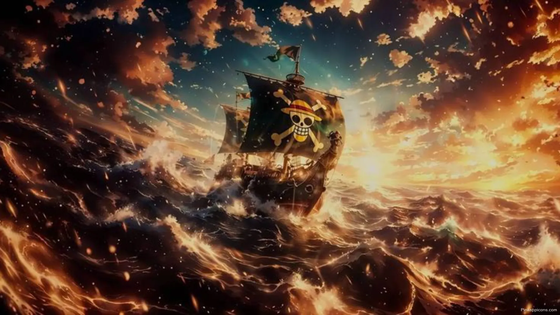The Thousand Sunny sails through a fiery dramatic ocean – an awe inspiring laptop anime wallpaper The Thousand Sunny sails through a fiery, dramatic ocean – an awe-inspiring laptop anime wallpaper.