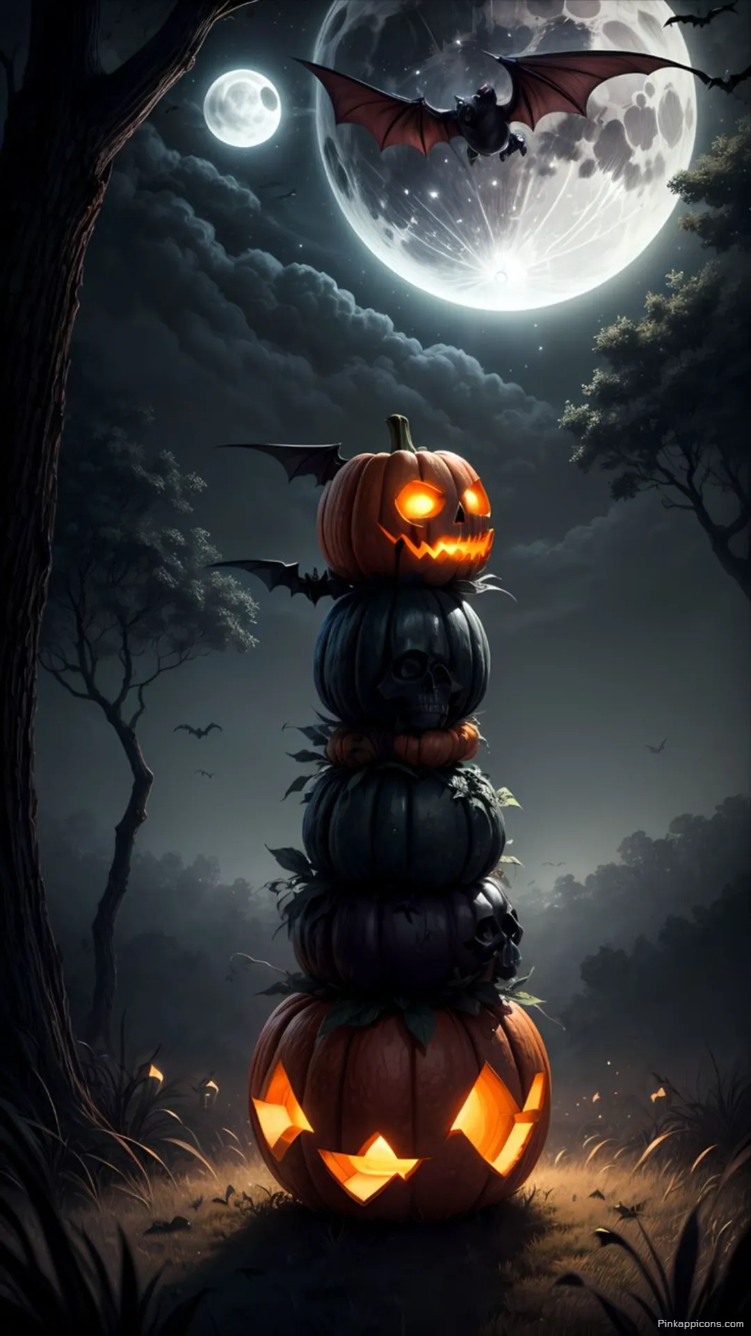 Towering Jack o Lantern Stack in a Moonlit Forest Halloween Wallpaper Spooky Phone Background Towering Jack-o’-Lantern Stack in a Moonlit Forest Halloween Wallpaper Spooky Phone Background.