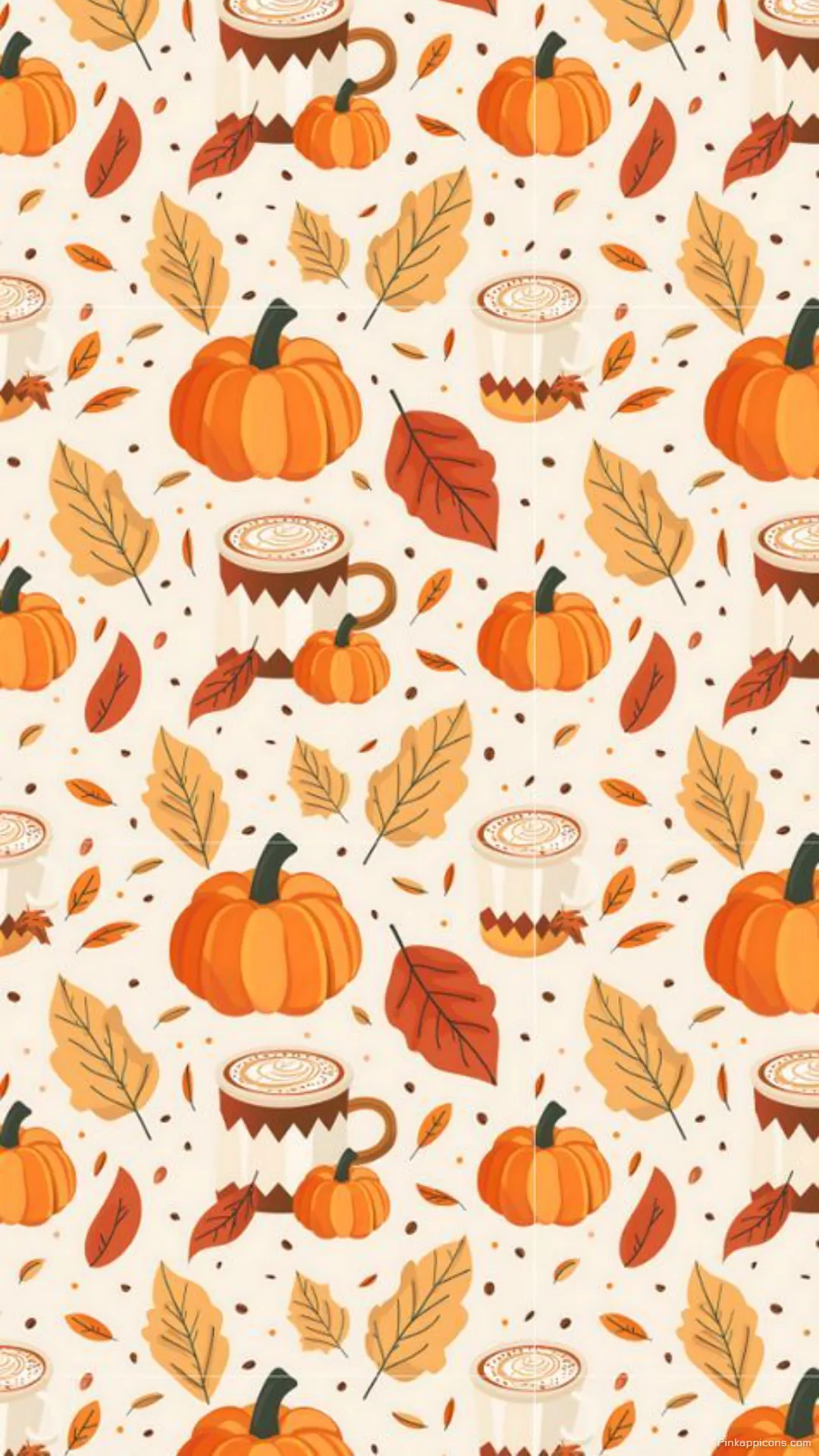 Vibrant Autumn Wallpaper Featuring Cute Pumpkins Colorful Fall Leaves and Warm Beverages Design Vibrant Autumn Wallpaper Featuring Cute Pumpkins, Colorful Fall Leaves, and Warm Beverages Design