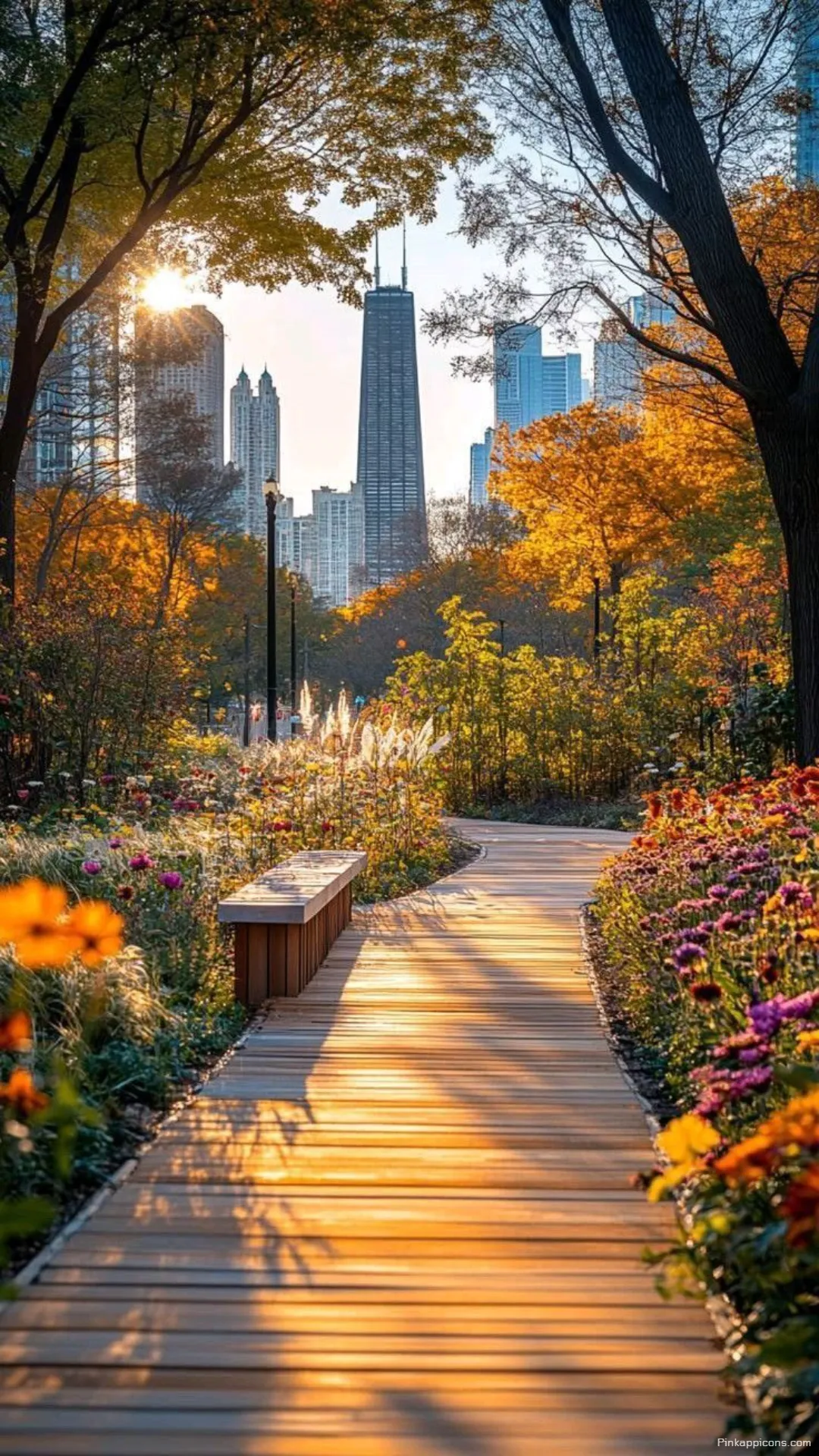 Vibrant Autumn Wallpaper Scenic Boardwalk Through Fall Flowers and Cityscape Backdrop for Mobile Vibrant Autumn Wallpaper Scenic Boardwalk Through Fall Flowers and Cityscape Backdrop for Mobile