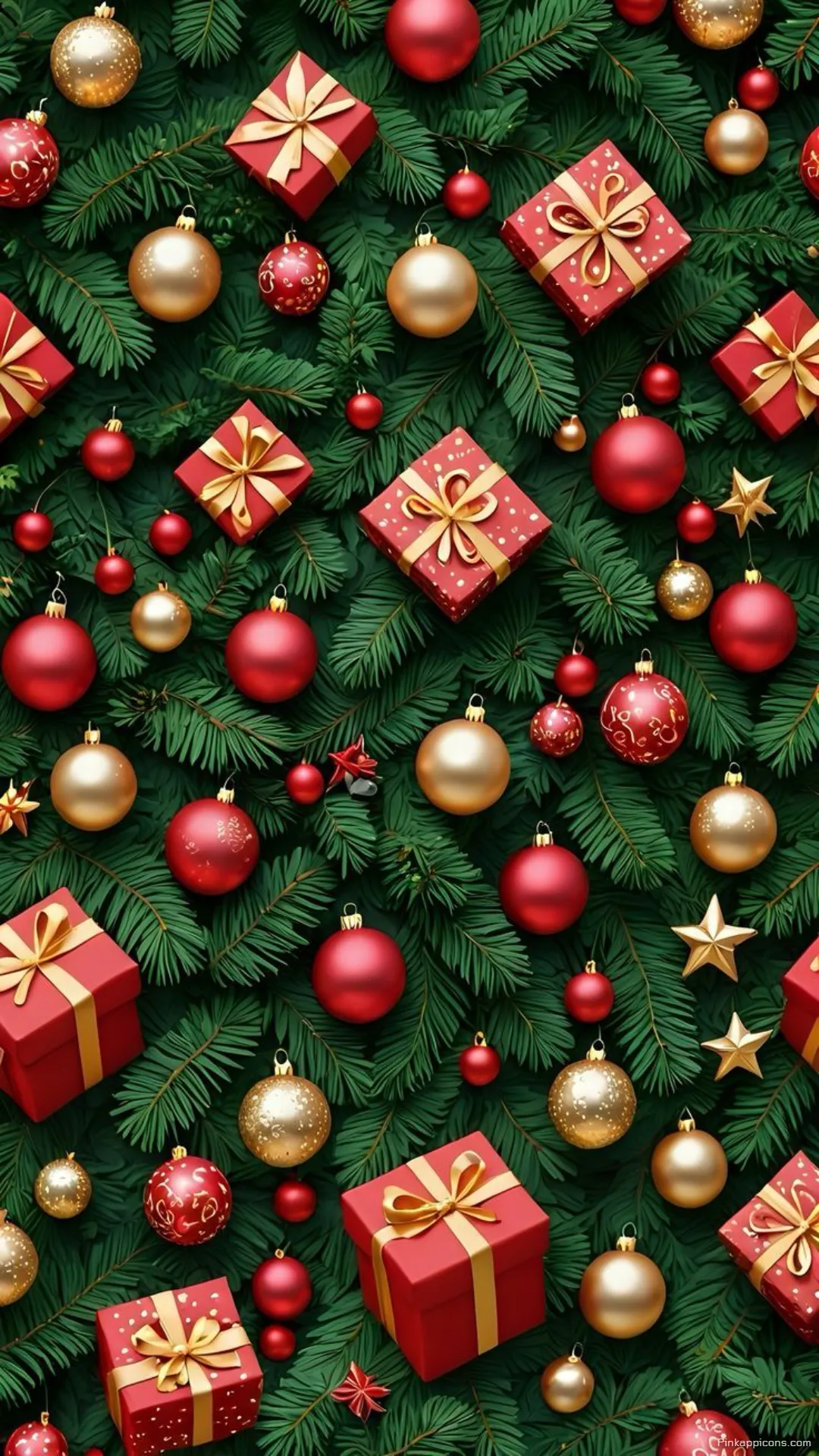 Vibrant Red and Gold Ornaments with Gift Boxes on Pine Branches Christmas Wallpaper for Phone Vibrant Red and Gold Ornaments with Gift Boxes on Pine Branches Christmas Wallpaper for Phone