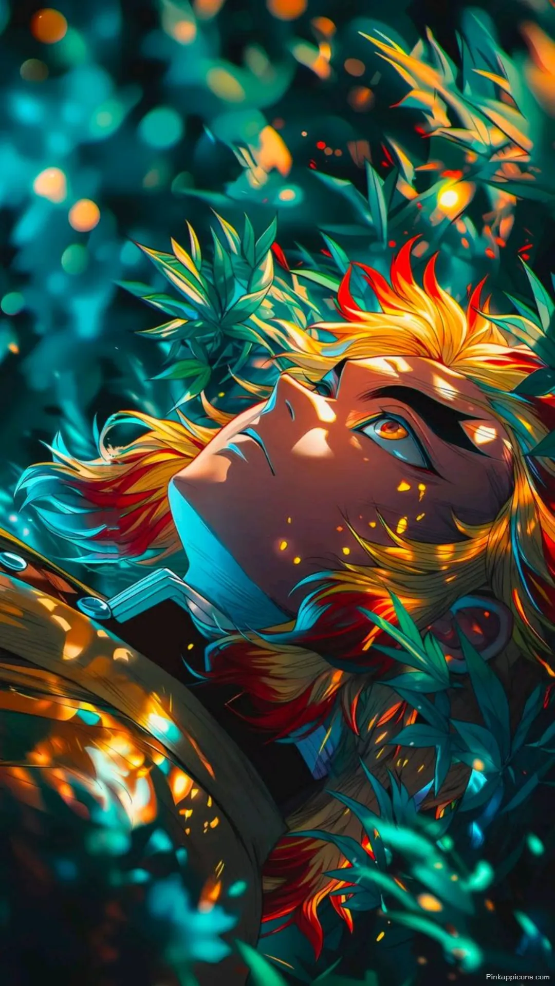 Vibrant anime hero with fiery hair in a lush glow filled setting perfect dark anime wallpaper 4K for phone Vibrant anime hero with fiery hair in a lush, glow-filled setting, perfect dark anime wallpaper 4K for phone.