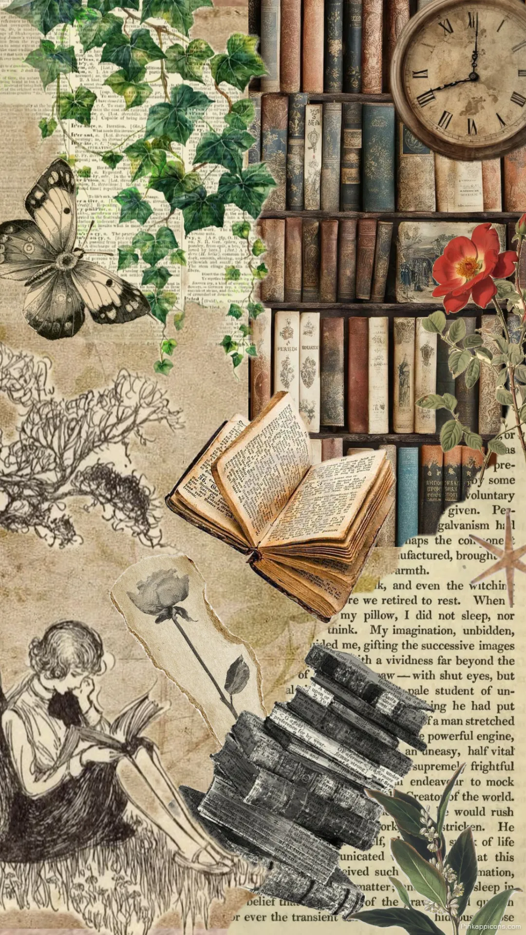 Vintage collage book wallpaper with classic literature and nature a perfect phone wallpaper Vintage collage book wallpaper with classic literature and nature, a perfect phone wallpaper.